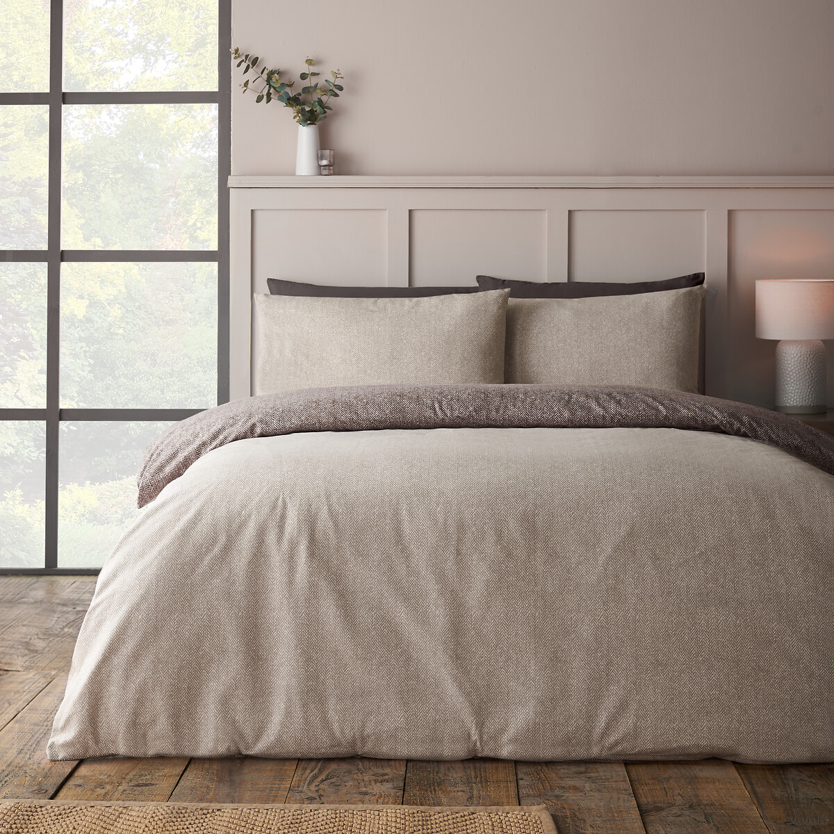 Brushed Herringbone Cotton Reversible Duvet Cover Set chocolate, CATHERINE LANSFIELD