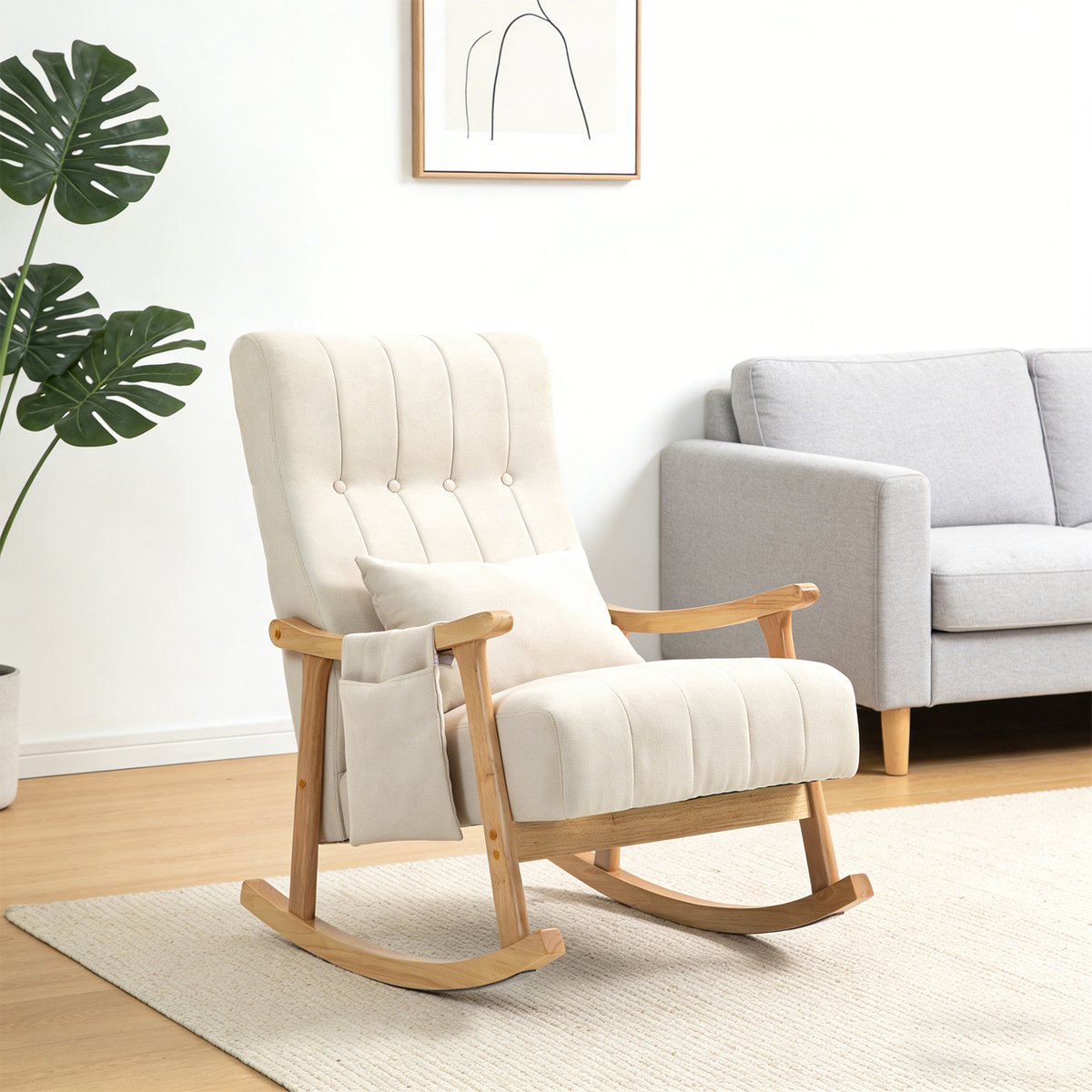 Fauteuil à bascule style scandinave tissu lin, RAMOND beige, MEUBLES COSY