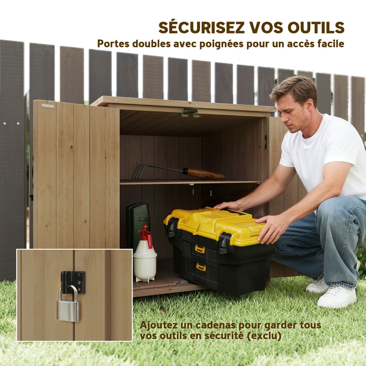 Coffre de rangement d'extérieur Bois de sapin beige, OUTSUNNY