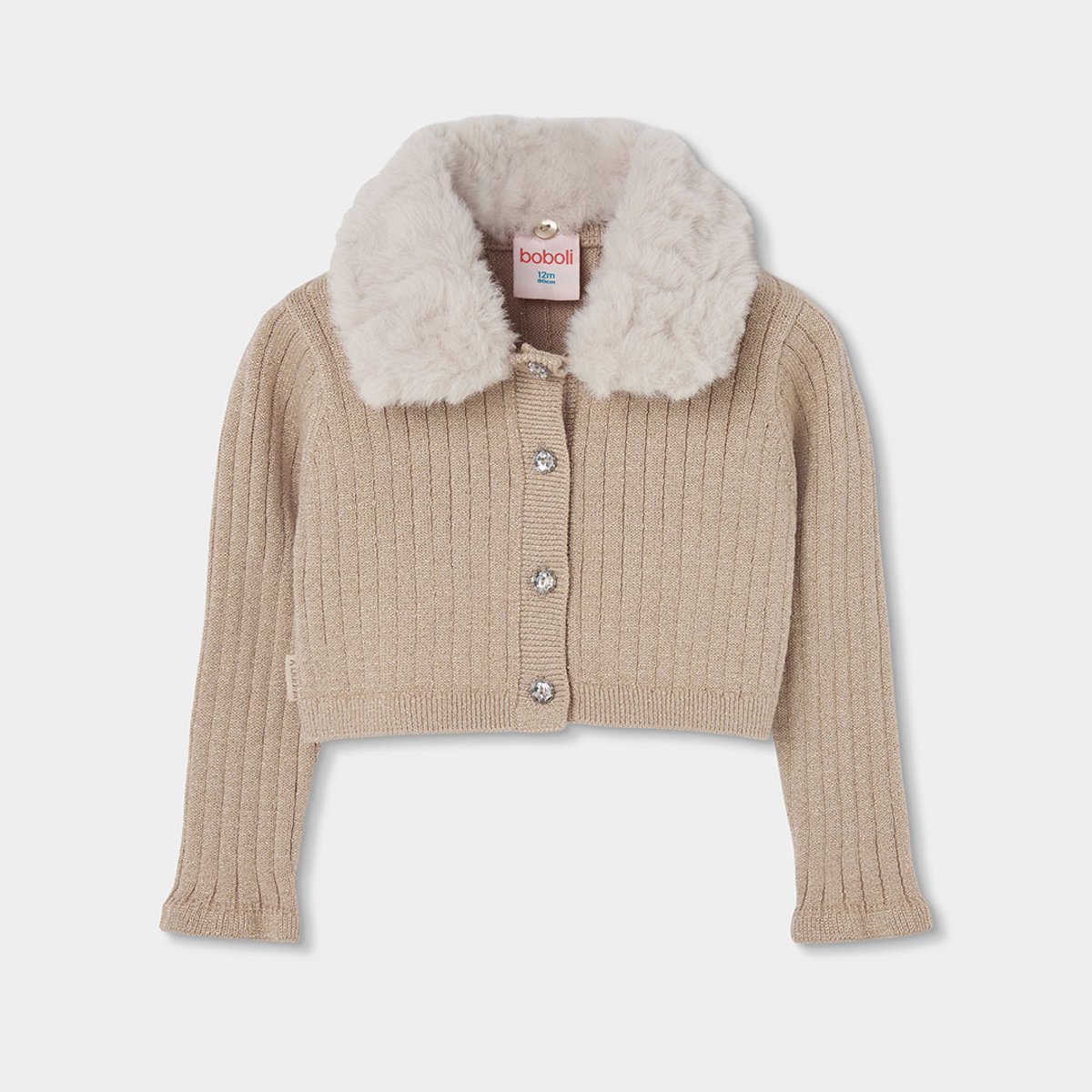 Gilet fille en maille avec col beige, BOBOLI