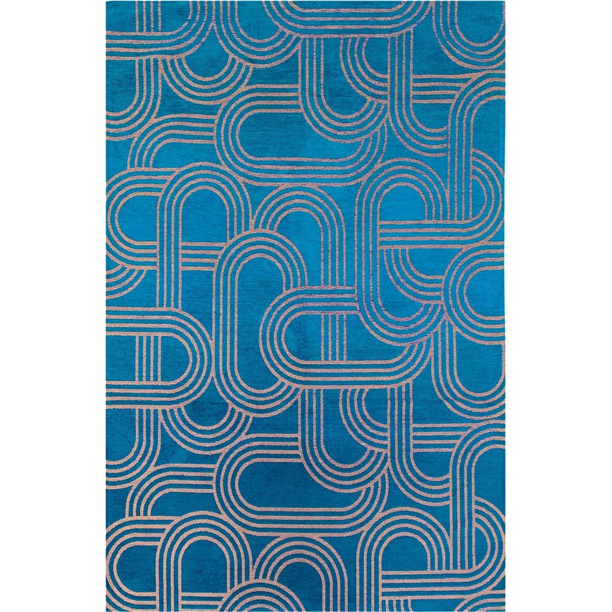 Tapis intérieur extérieur, DISCO bleu pétrole à lignes beige rosé, RECOLLECTION
