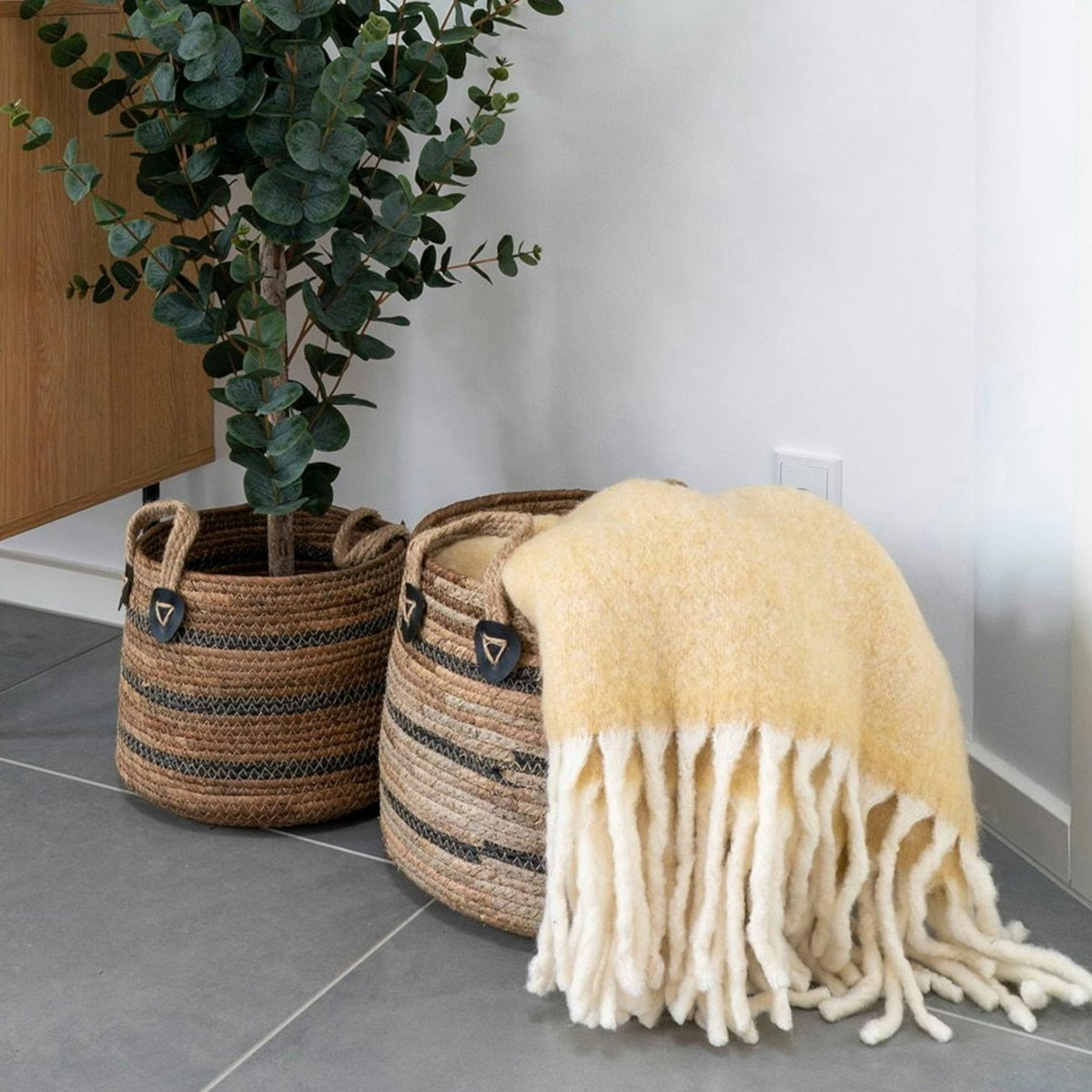 Panier cache-pot en feuille de bananier, tons noir et naturel (lot de 2) beige, PIER IMPORT