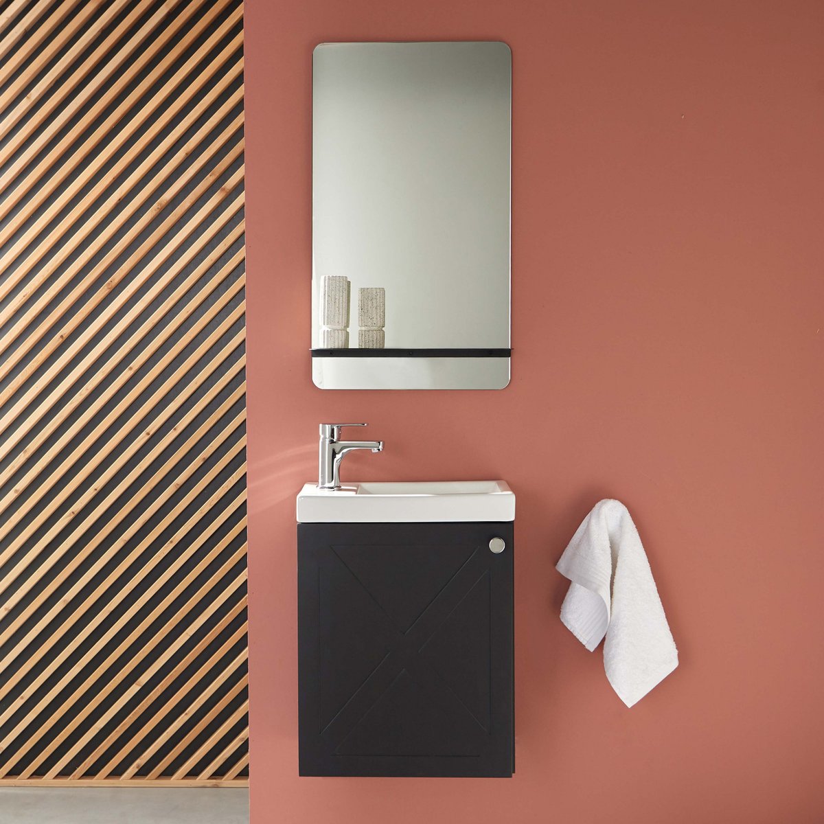 Ensemble meuble lave-mains+miroir+robinet AVA noir carbone, MOB IN