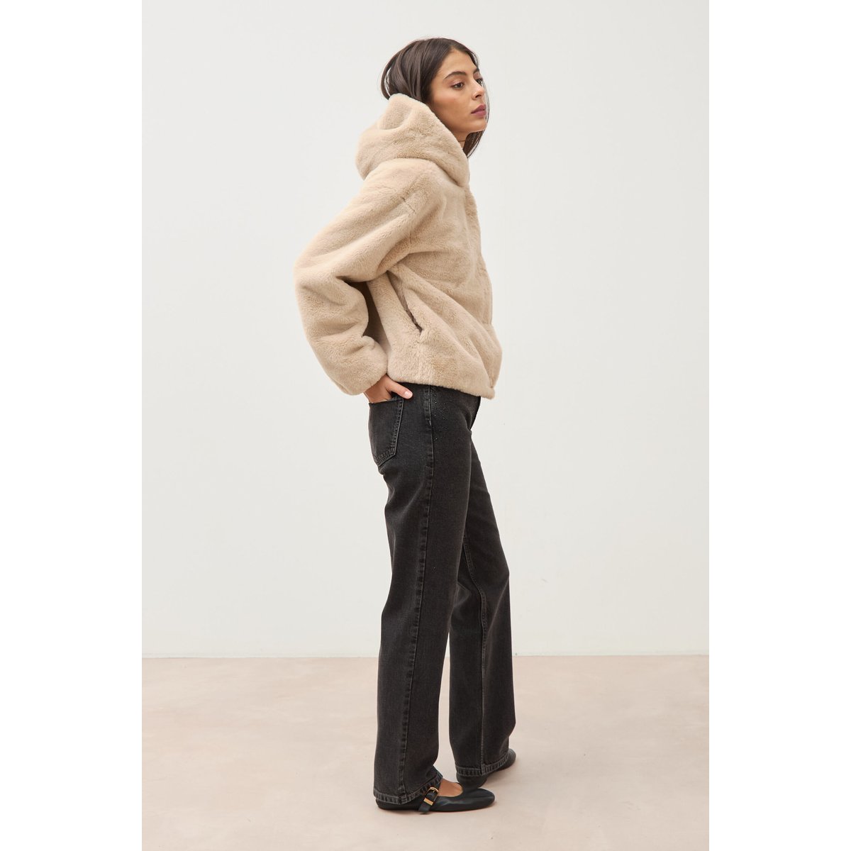 Blouson ample court col montant beige, BONOBO