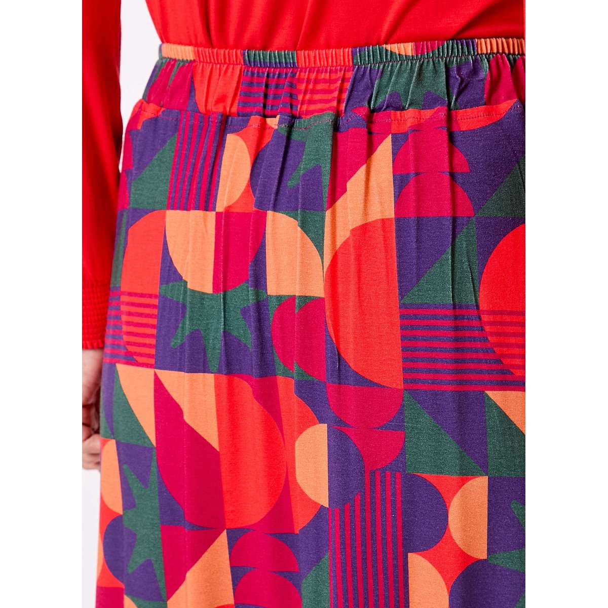 Jupe midi imprimée maille fluide évasée ELINA rouge violet caldera, PRINCESSE NOMADE