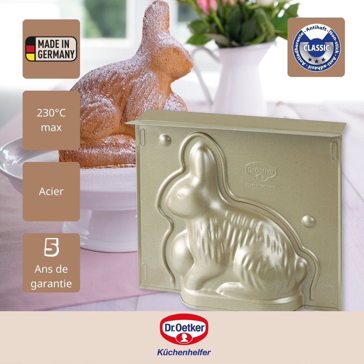 Moule à gâteaux 3D en forme de lapin de Pâques or, DR OETKER