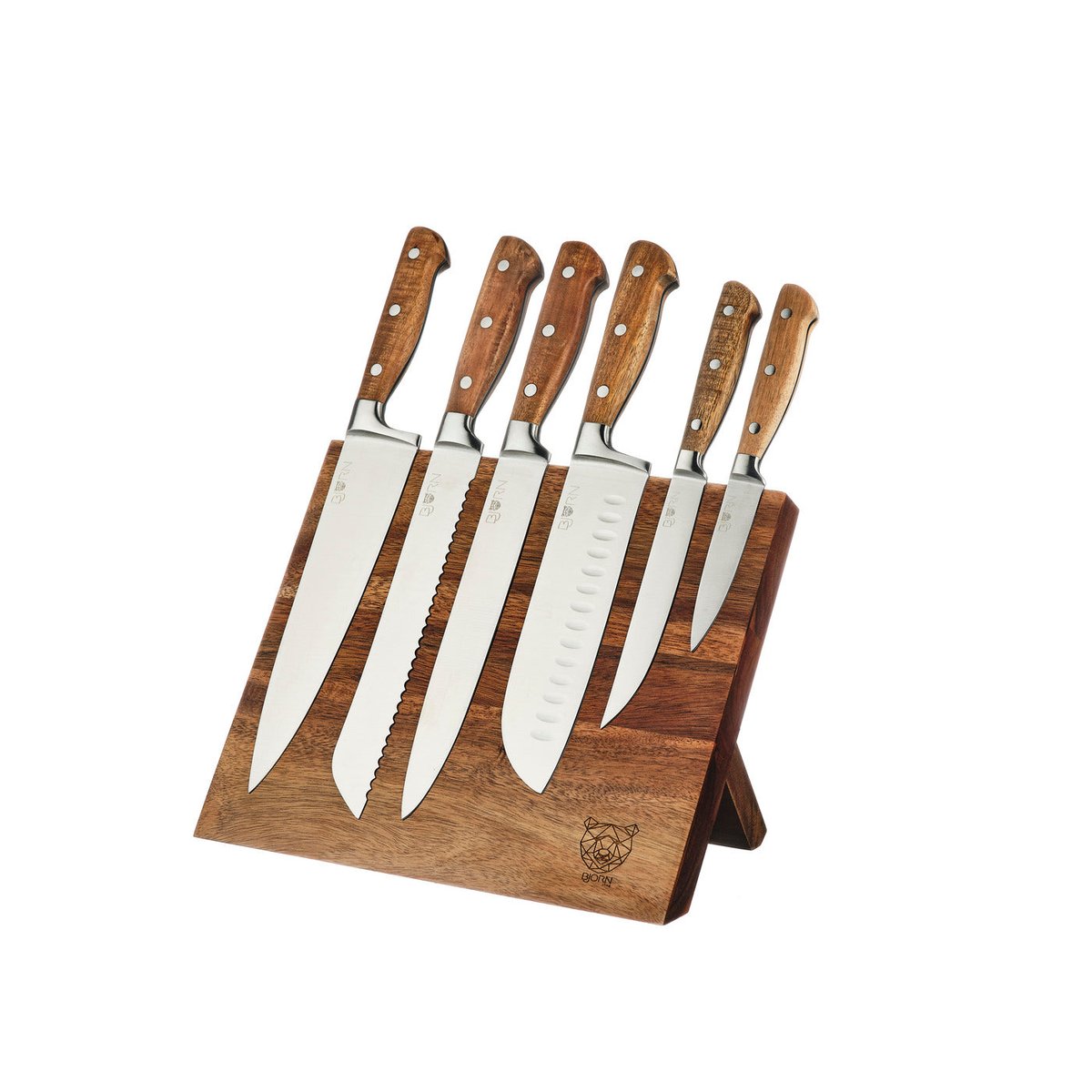 Lot de 7 couteaux de cuisine en inox, NUDE inox mat et bois, BJORN