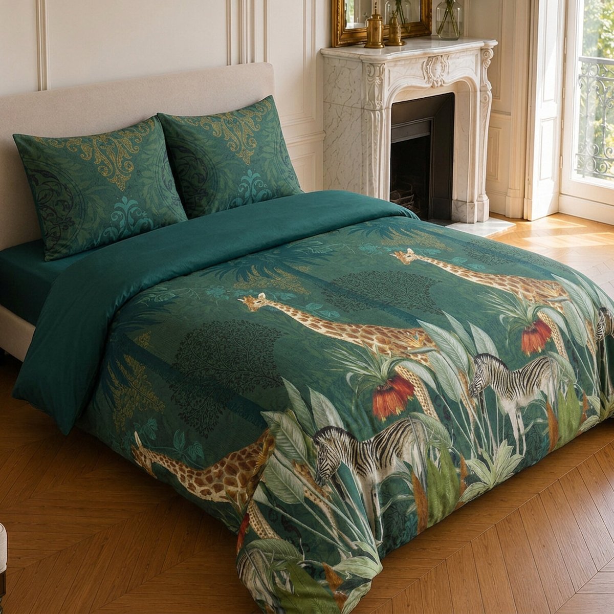 Parure de lit en coton motif tropical, ZAMBI vert, C DESIGN HOME TEXTILE