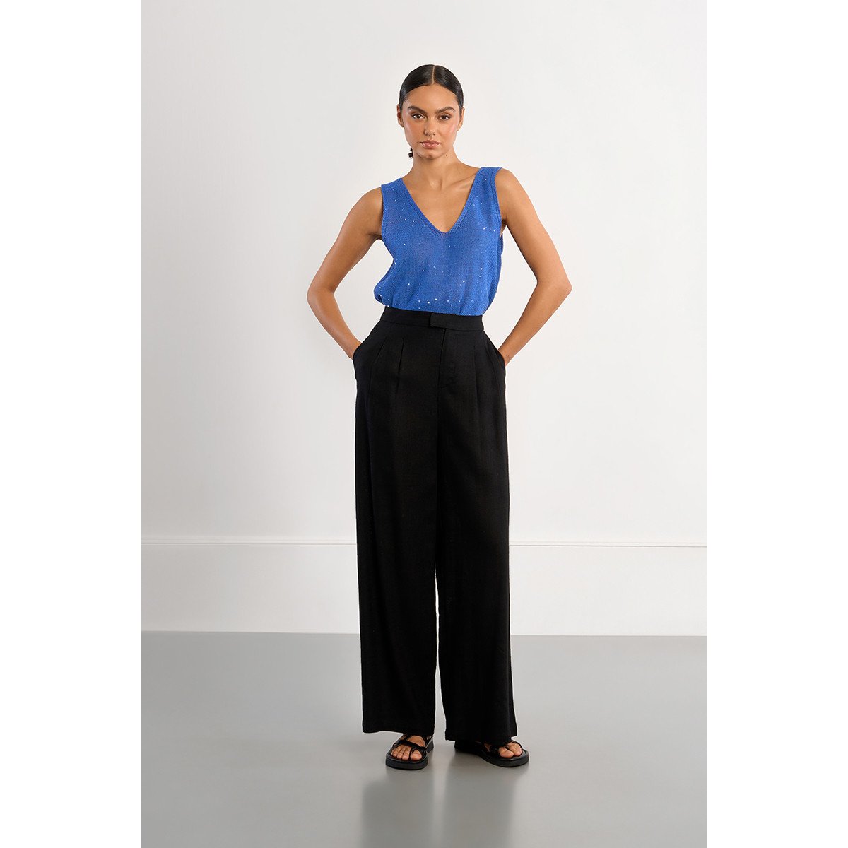 Pantalon large en lin noir, LILI SIDONIO