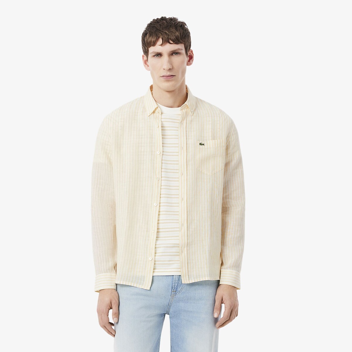 Chemise rayée regular fit en lin jaune, LACOSTE