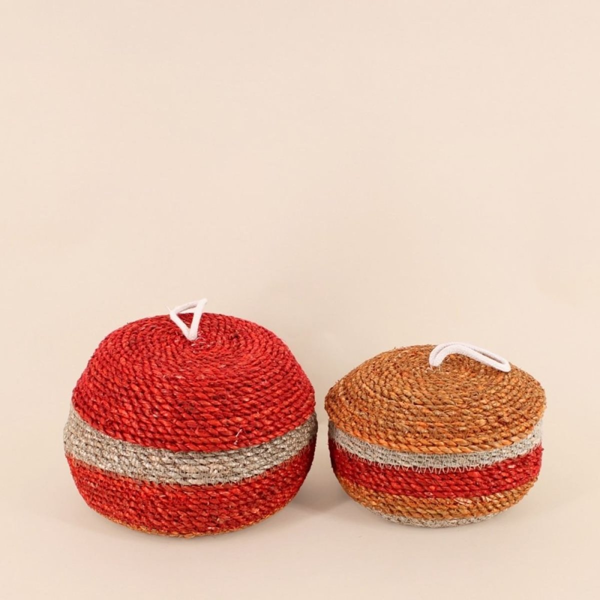 Panier rayé à couvercle fibres naturelles, 17x10cm rouge, ORNAMI