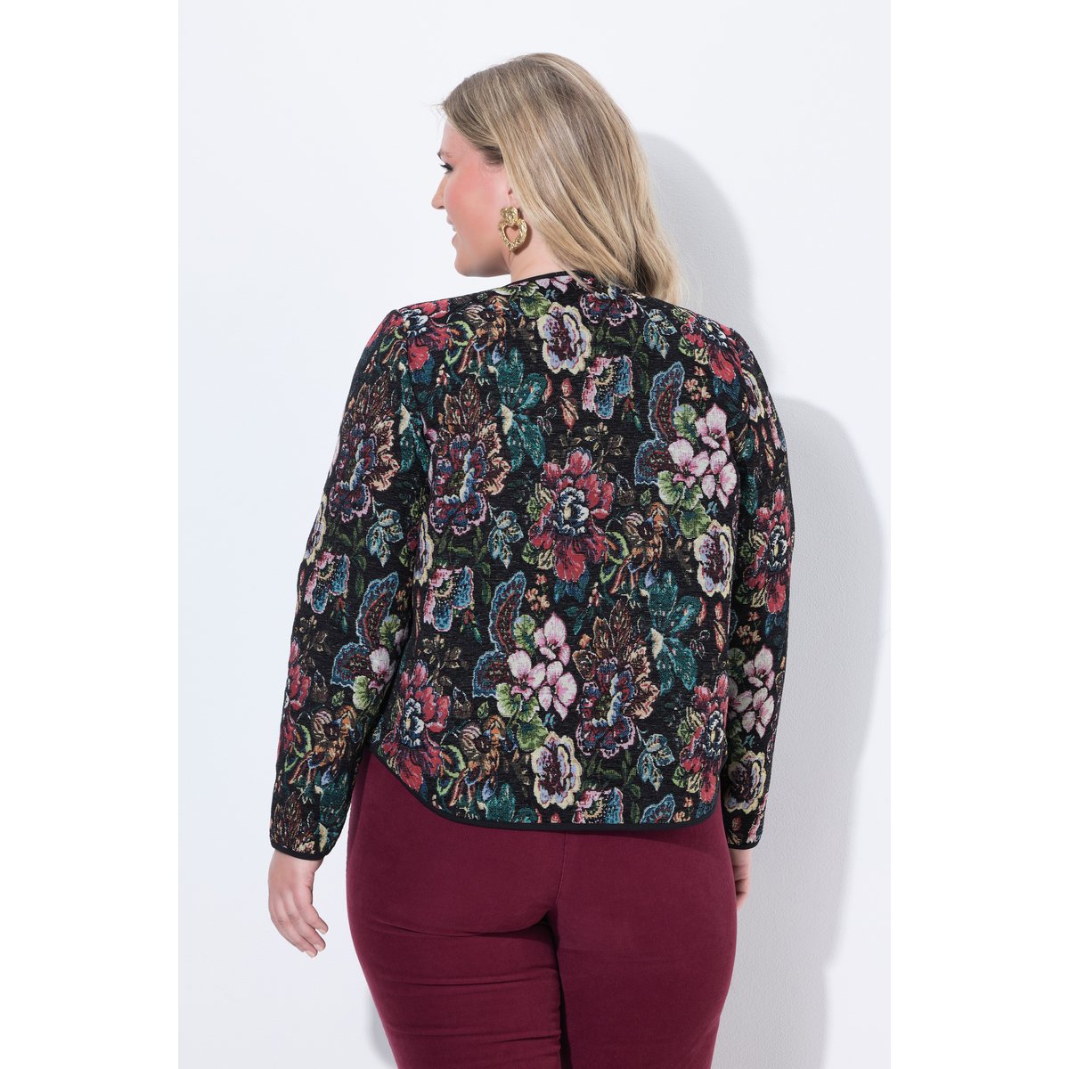Veste motif Jacquard à fleurs, passepoil noir, ULLA POPKEN