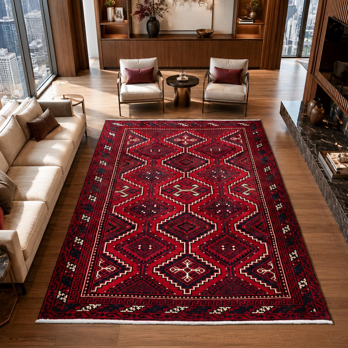 Tapis d'orient, motif oriental, noué main en laine, LORI 4 rouge, crème, noir, UN AMOUR DE TAPIS
