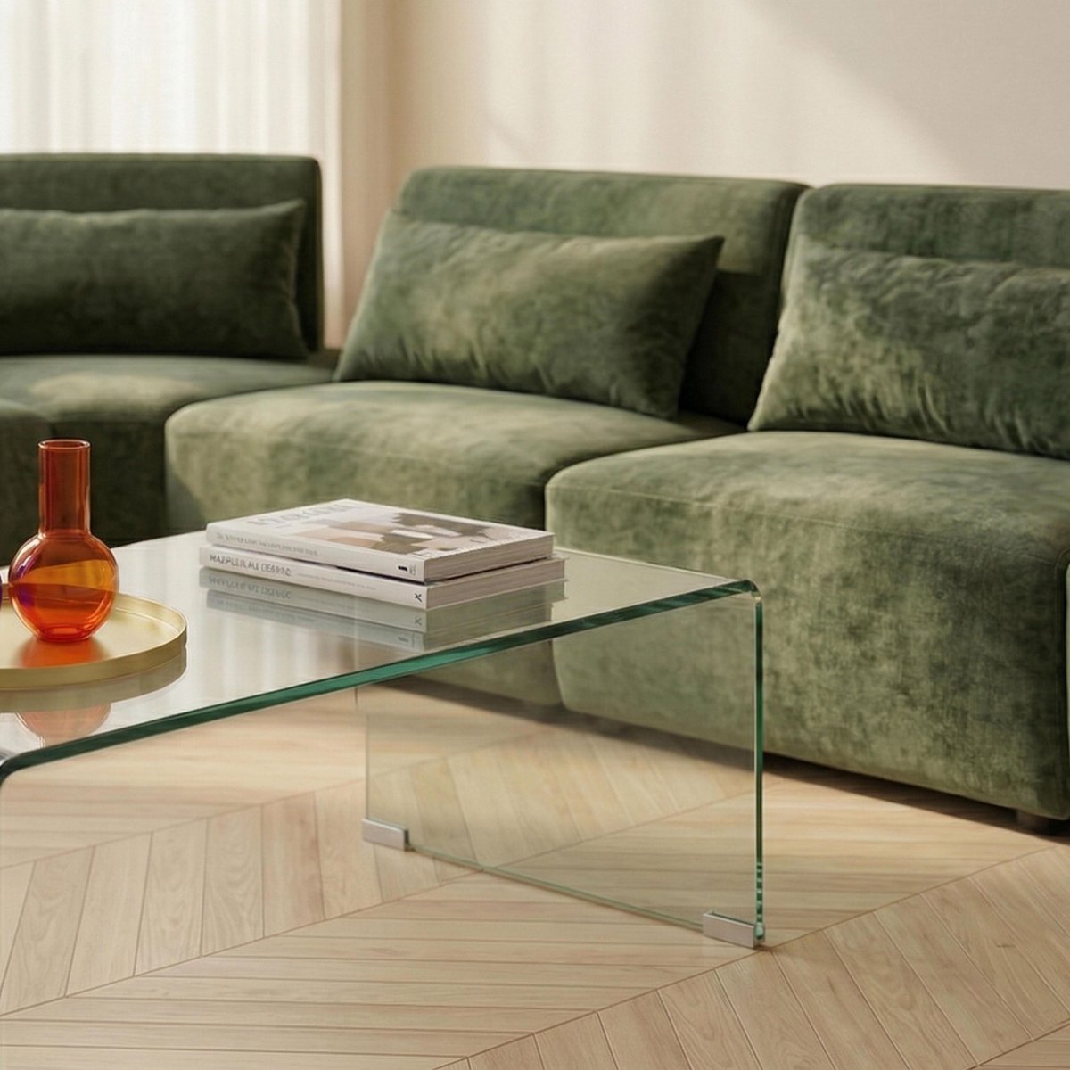 Canapé modulable d'angle 5 places en tissu avec coussins dossier ajustable, CALLISTO vert, OVIALA
