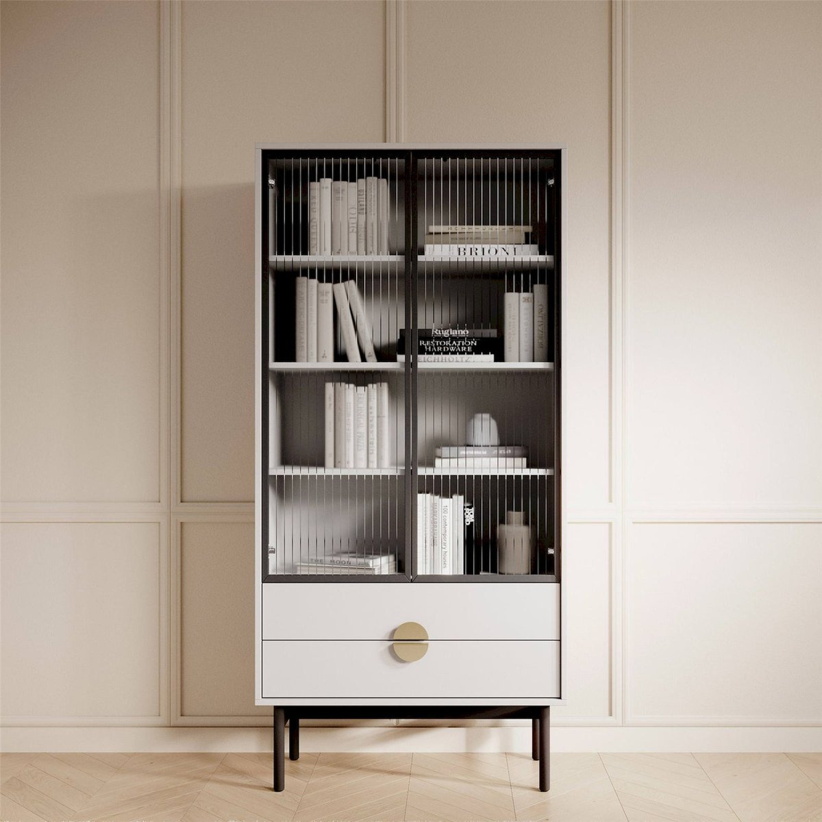 Vitrine haute 2 portes 2 tiroirs STOON blanc, RECOLLECTION