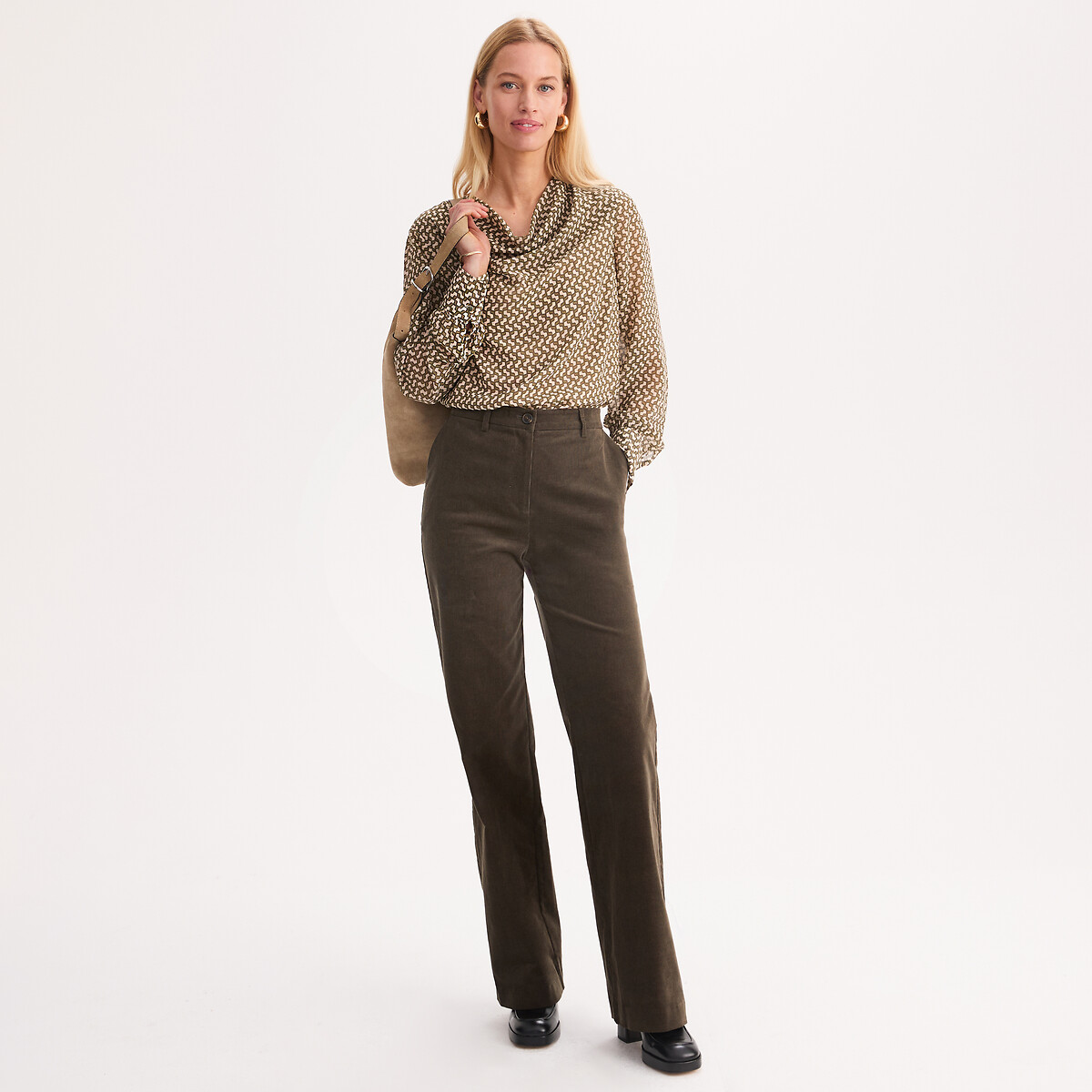Pantalon large, velours côtelé stretch vert kaki, ANNE WEYBURN