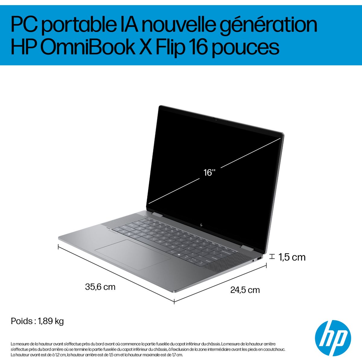 Ordinateur portable OmniBook X Flip ar0003nf 16 pouces OLED AMD Ryzen AI 7 350 24 Go RAM LPDDR5x SSD 512 Go Copilot+PC couleur unique, HP