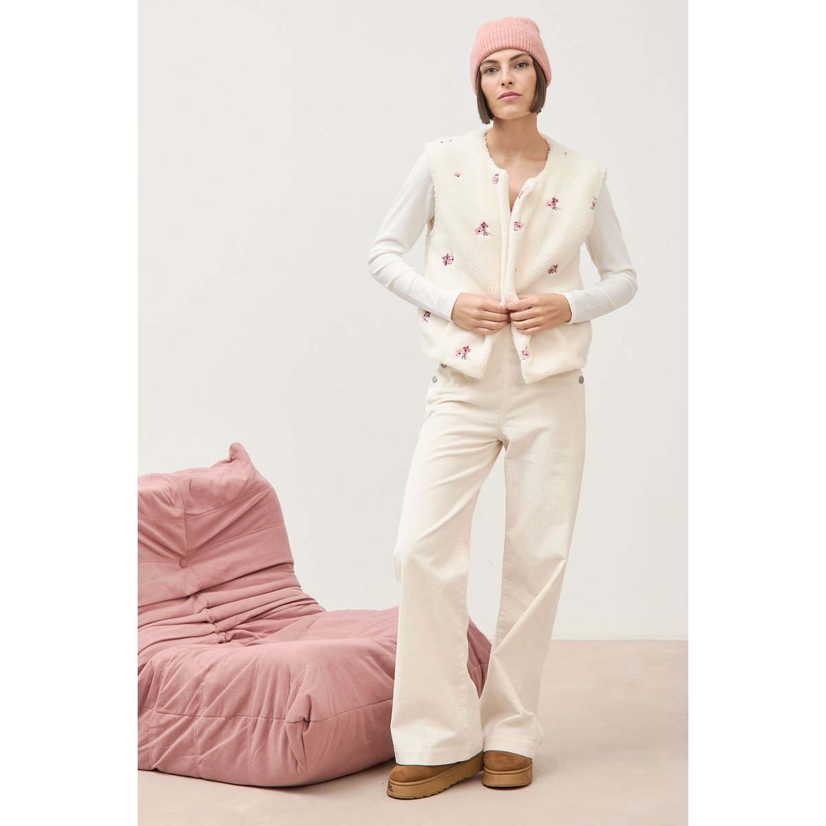 Pantalon large taille haute en velours ivoire, BONOBO