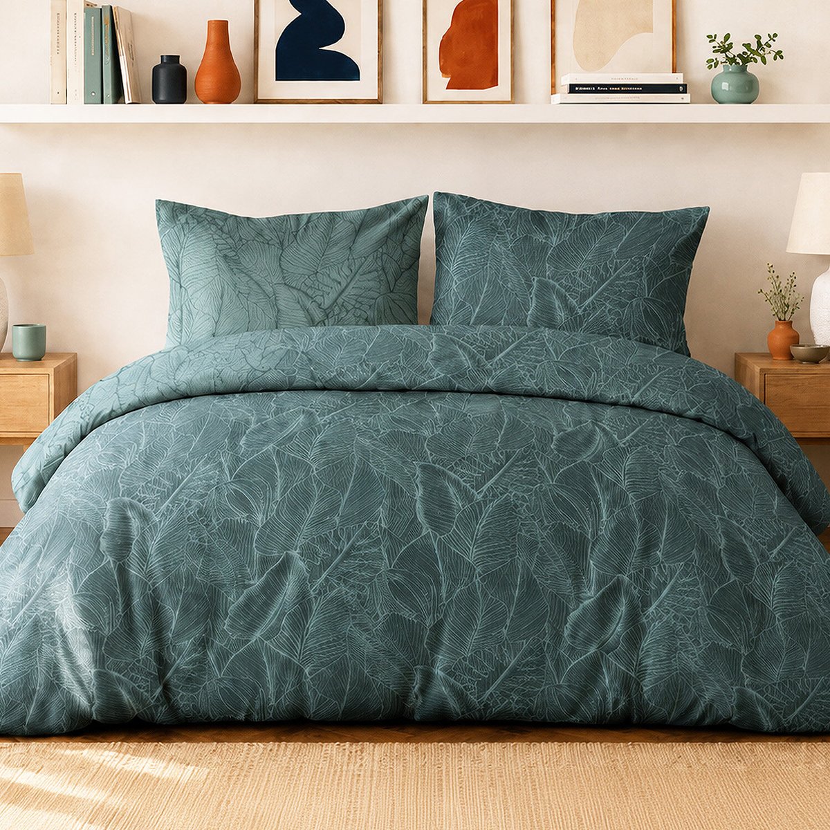 Parure de lit en percale de coton motif feuilles tropicales, SYLVAE multicolore, ATELIER DU COTON