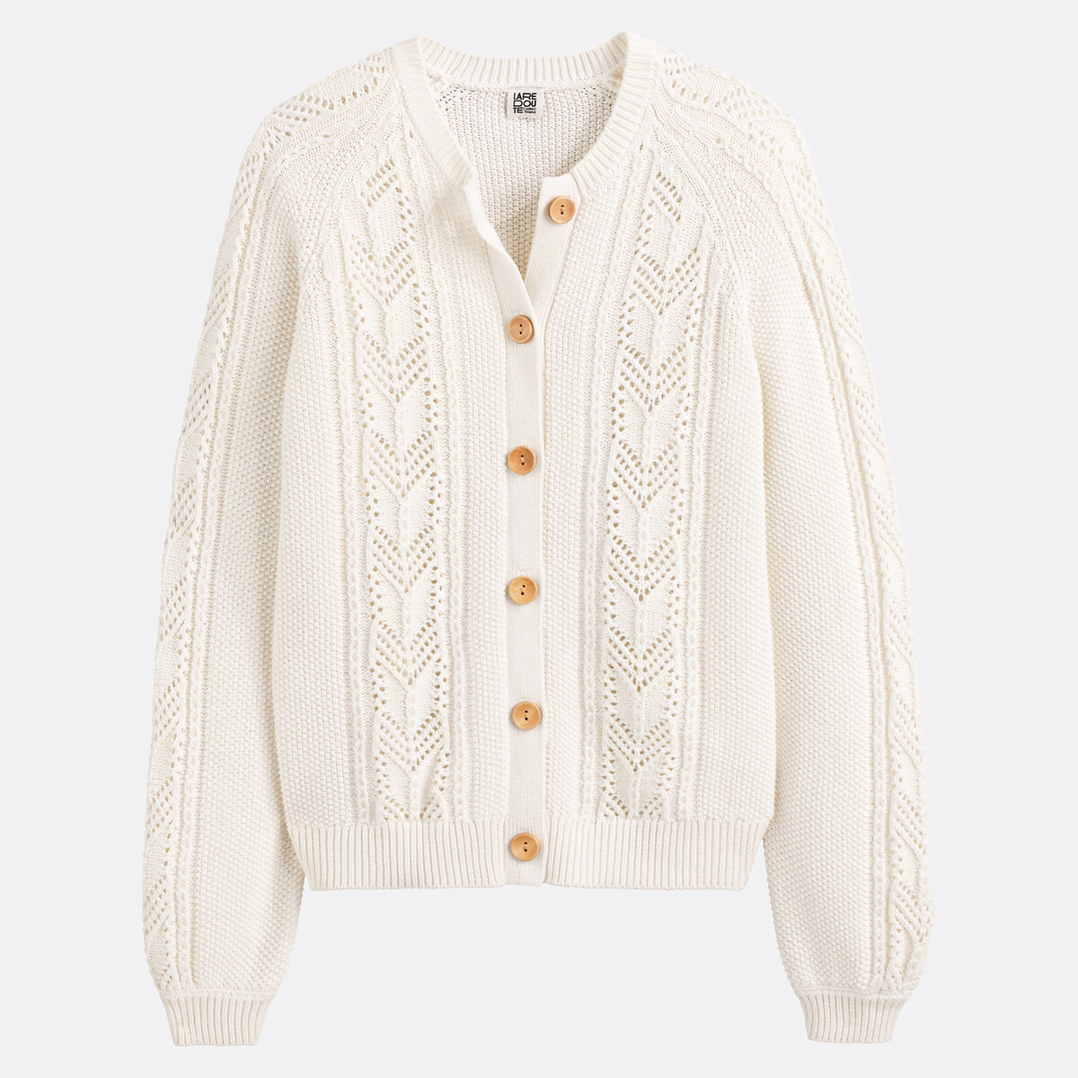 Cardigan en coton et maille ajourée ivoire, LA REDOUTE COLLECTIONS