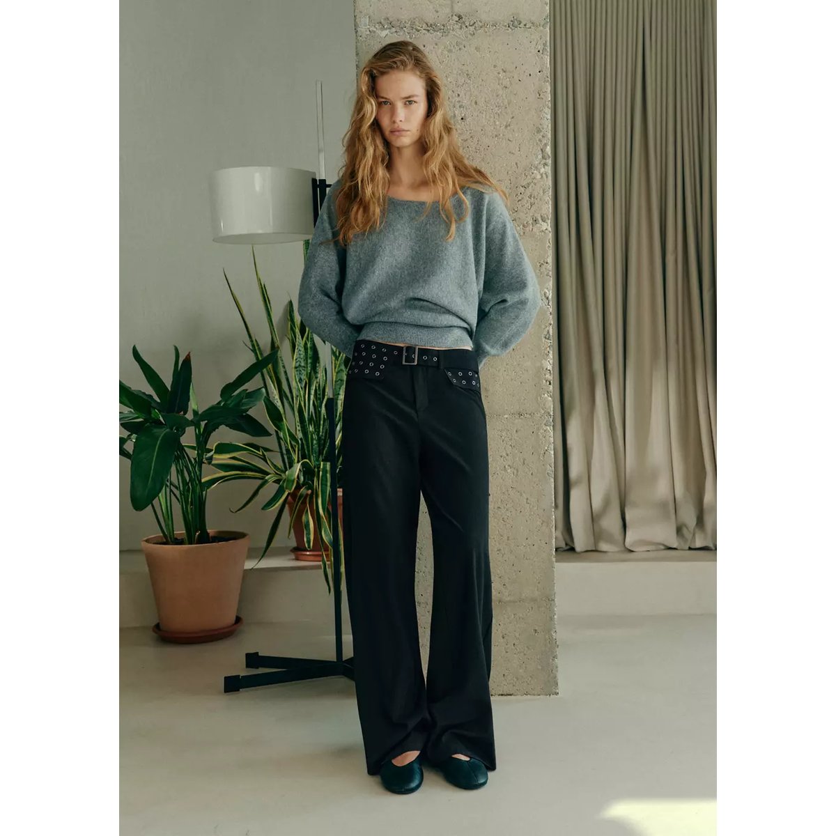 Pantalon œillets avec ceinture gris, MANGO TEEN