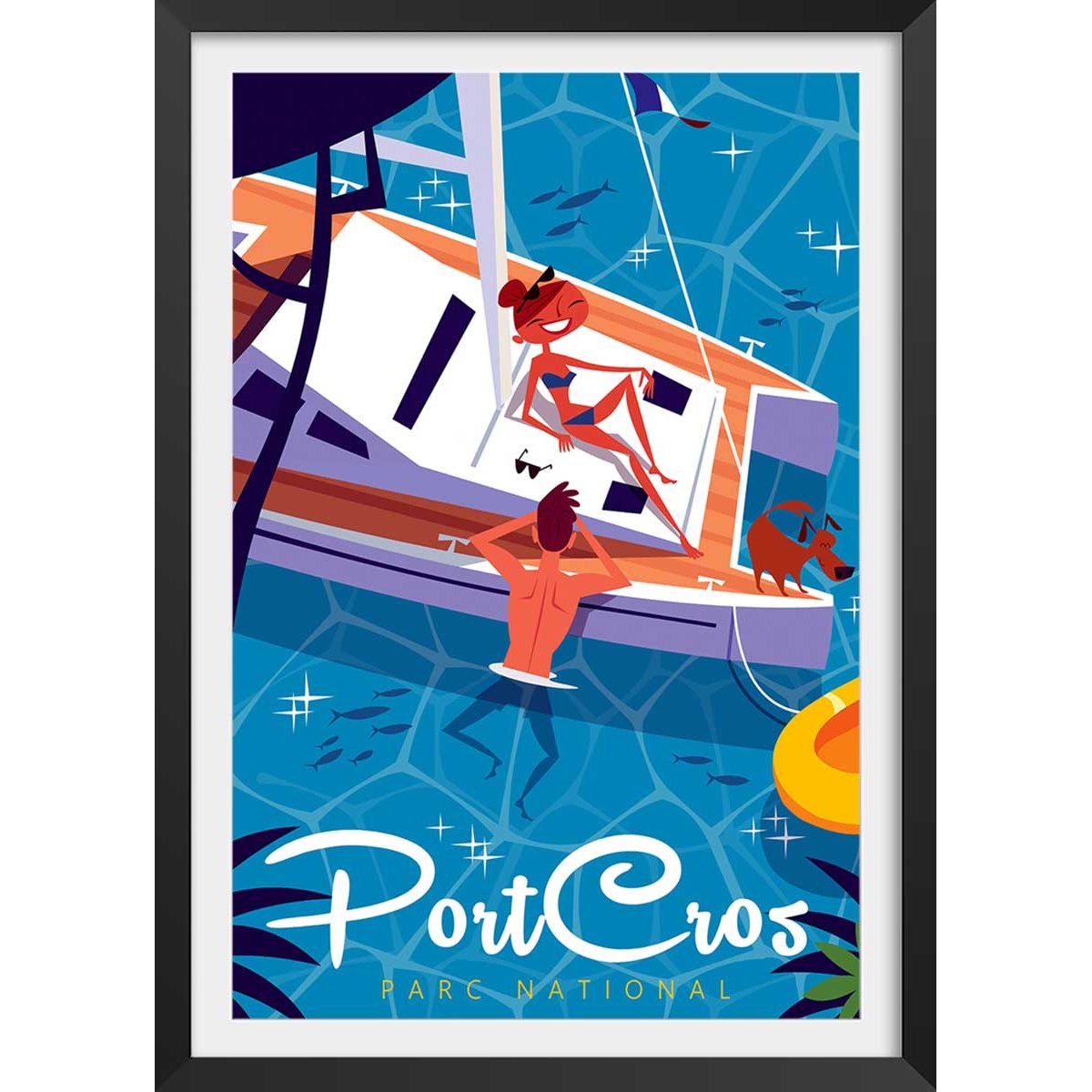 Poster de baignade à port cros affiche + cadre en bois - noir, HEXOA