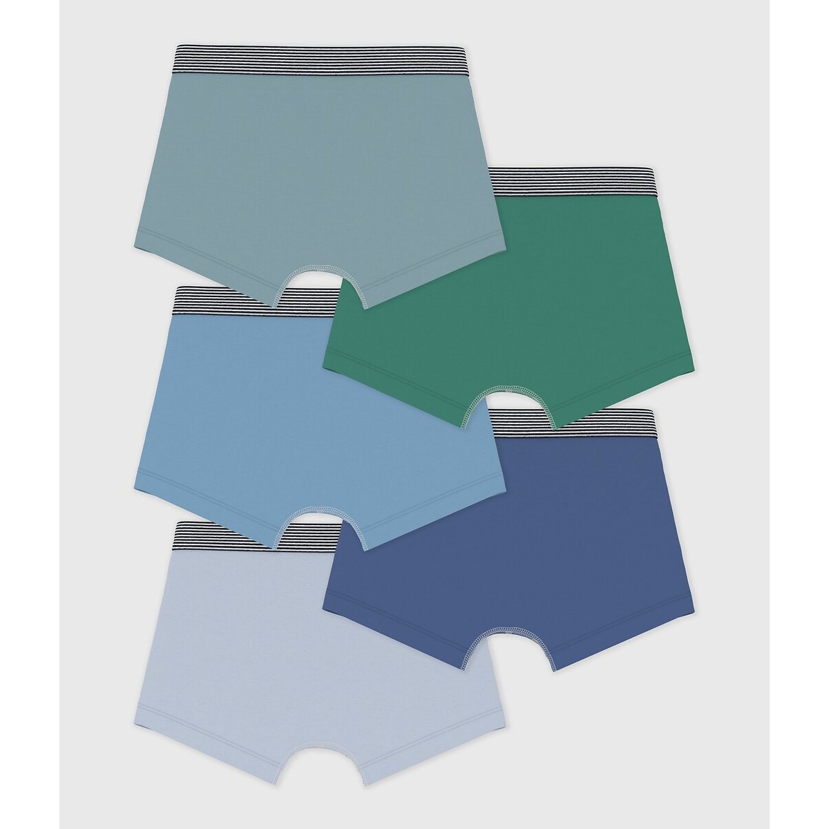 Lot de 5 boxers unis en coton bleu + vert, PETIT BATEAU
