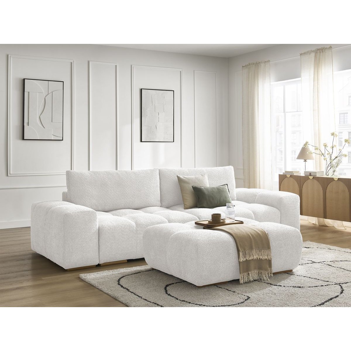 Canapé droit convertible 4 places en tissu bouclette avec pouf, ANAKIN blanc, BOBOCHIC