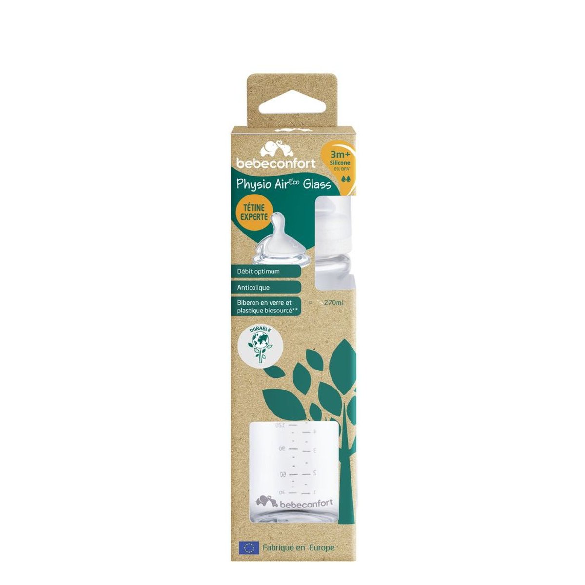 Biberon en verre physio Air Eco 270 ml Sand couleur unique, BEBECONFORT
