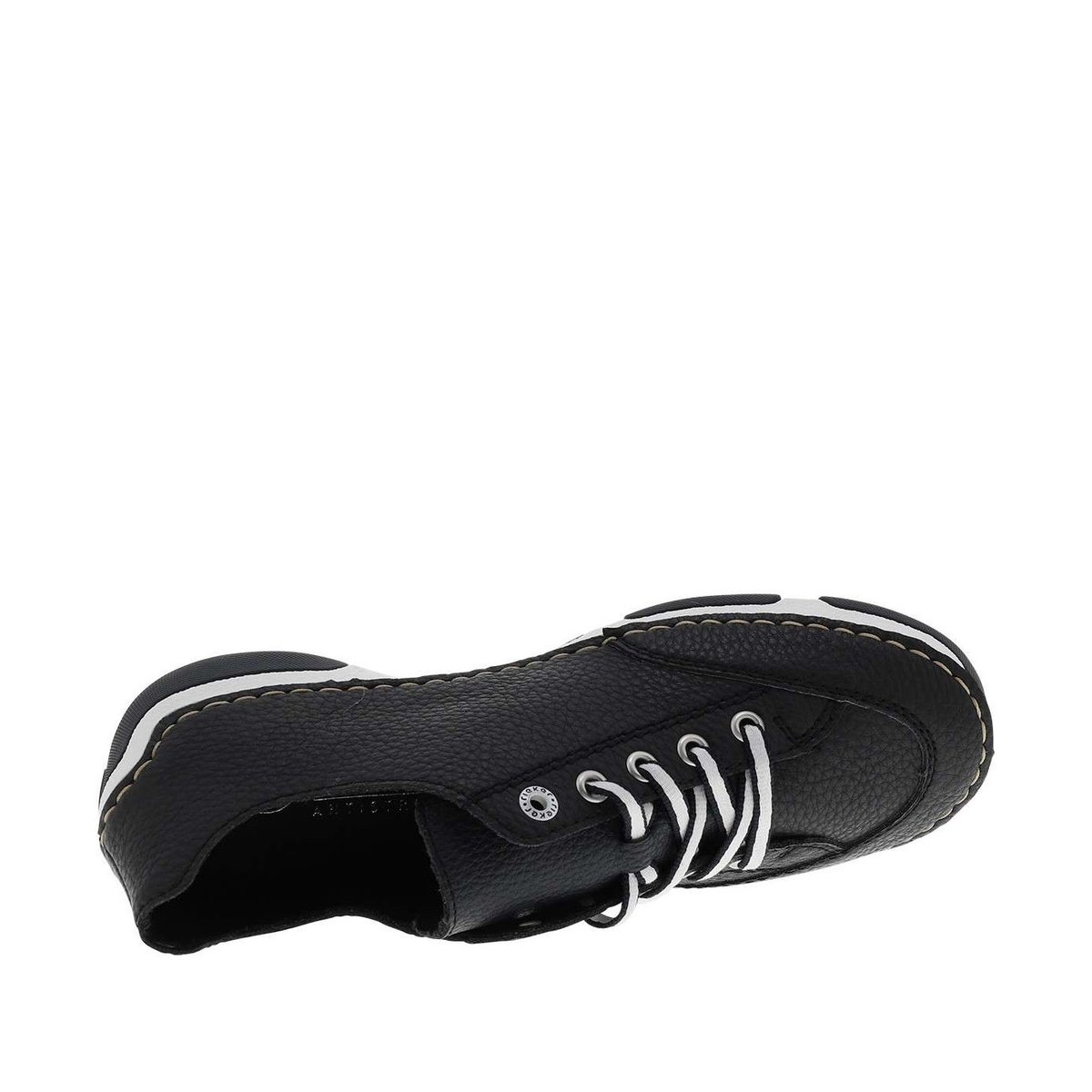Tennis en cuir enduit bleu marine à talon plat avec des lacets bleu foncé, RIEKER