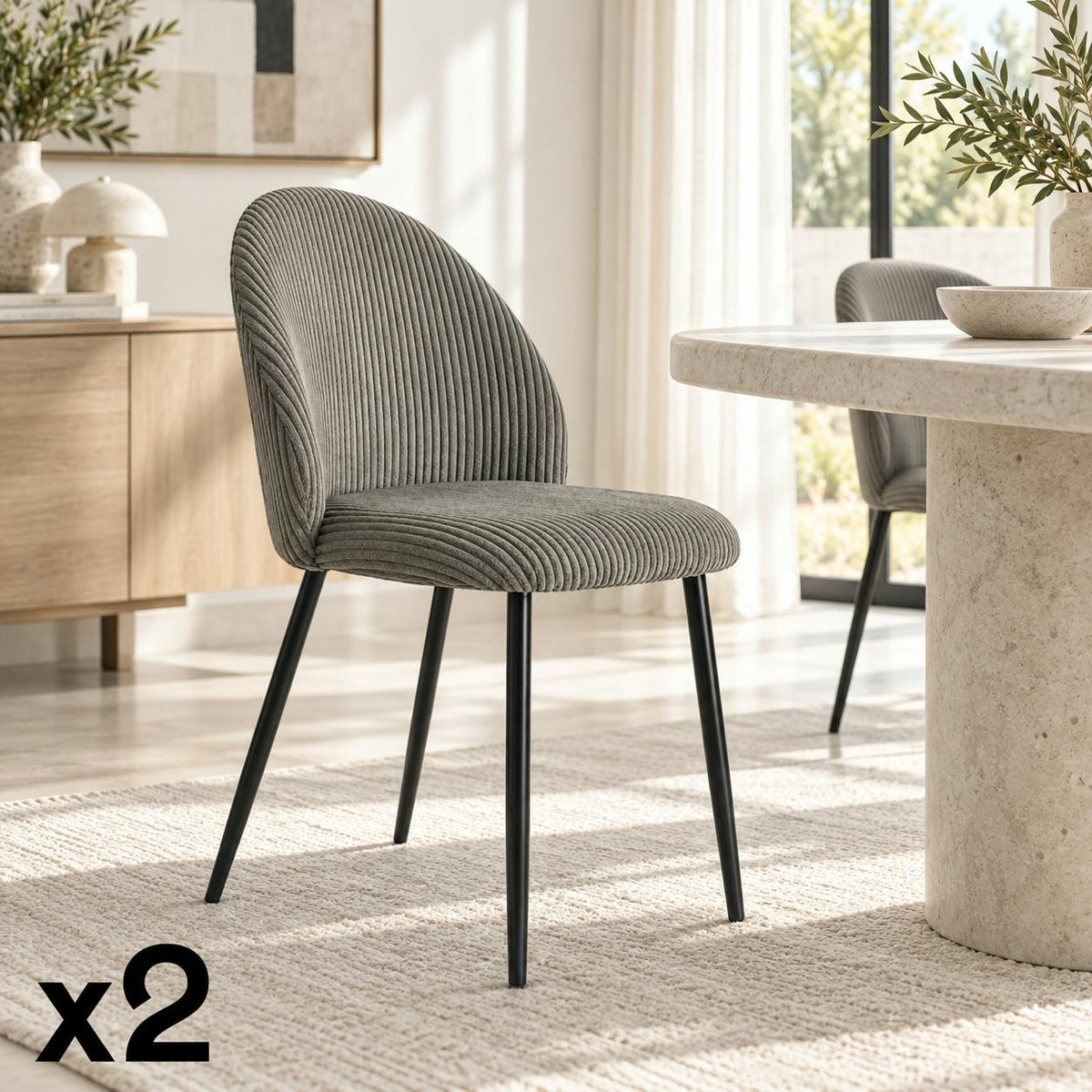 Chaise en tissu côtelé (lot de 2) IENA gris, PIER IMPORT