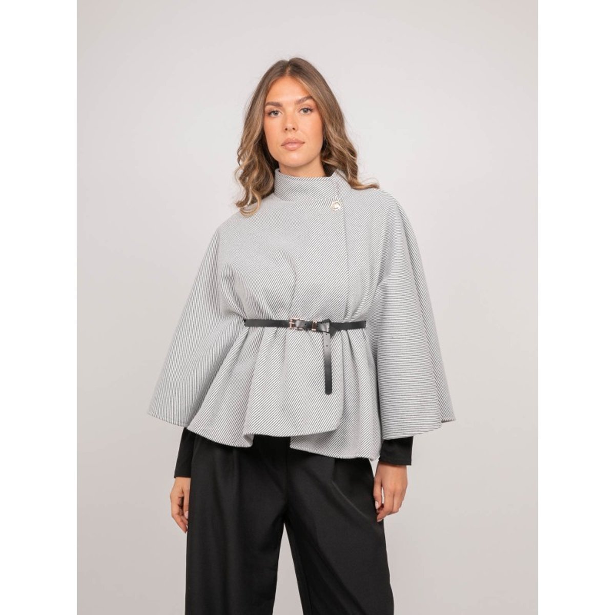 Cape Avec Ceinture Col Montant Manches évasées Urolie gris, DONA LISA