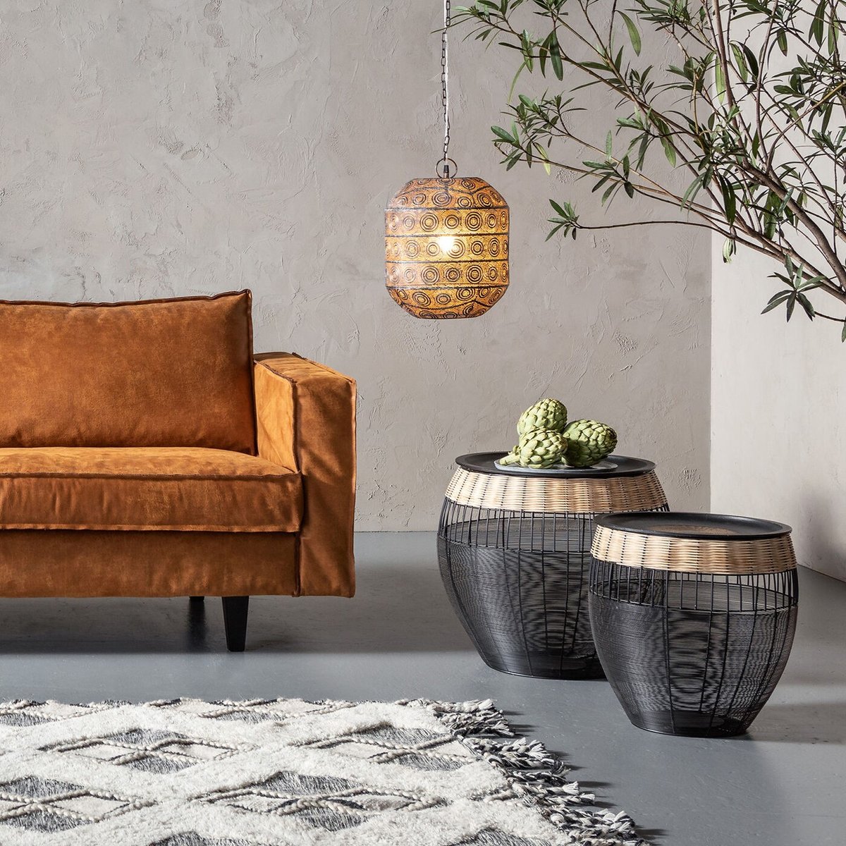 Lot de 2 tables d'appoint en acier et rotin, AFRICAN DRUMS noir, KARE DESIGN