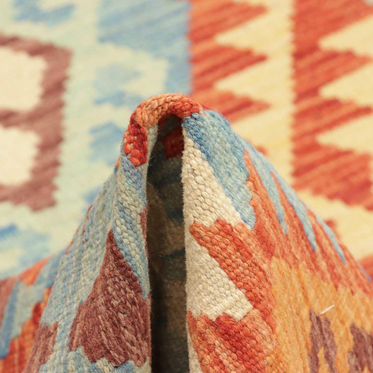 Tapis d'orient ethnique authentique, tissé plat en laine naturelle multicolore, bleu, rouge, UN AMOUR DE TAPIS