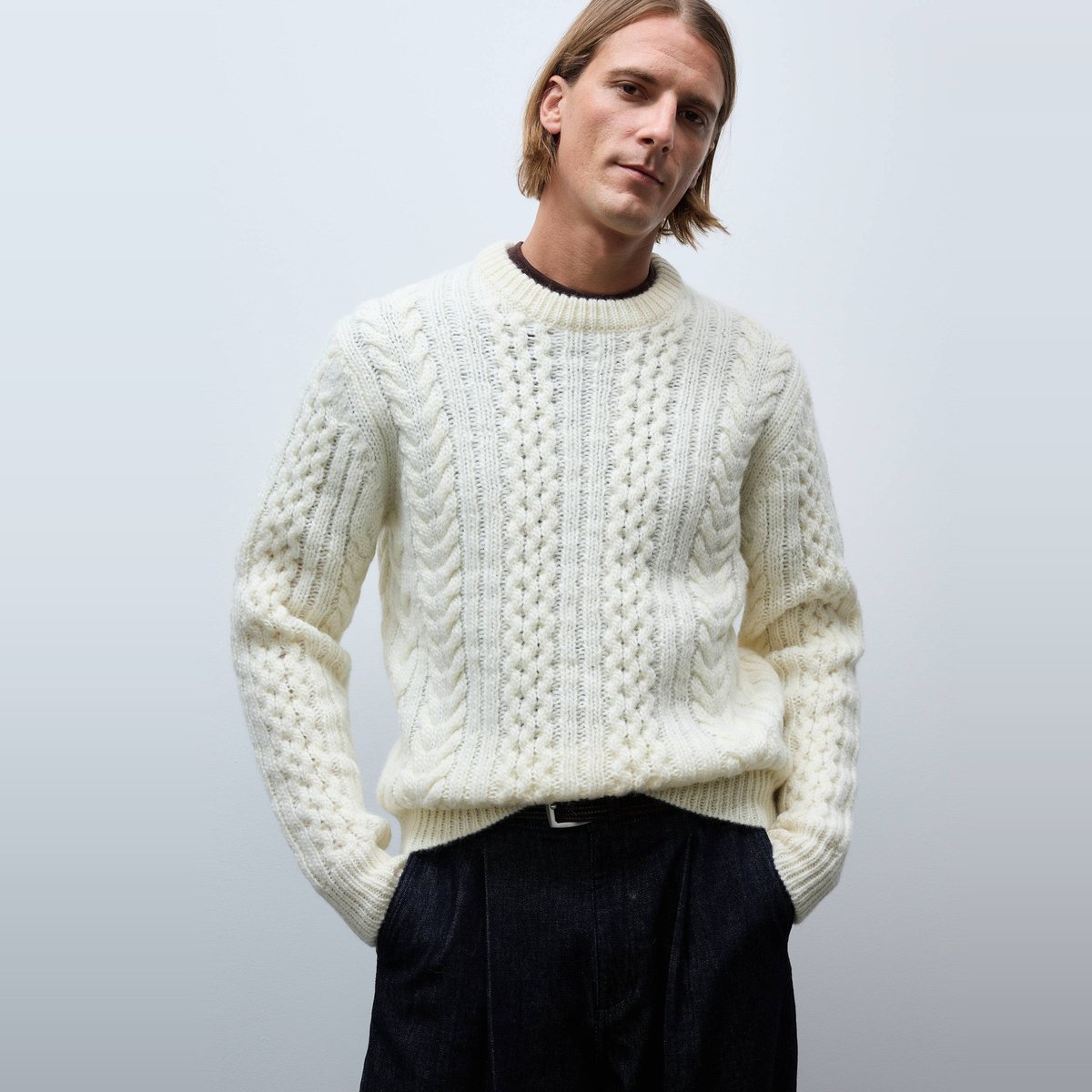 Pull torsade en laine ecru, MONOPRIX
