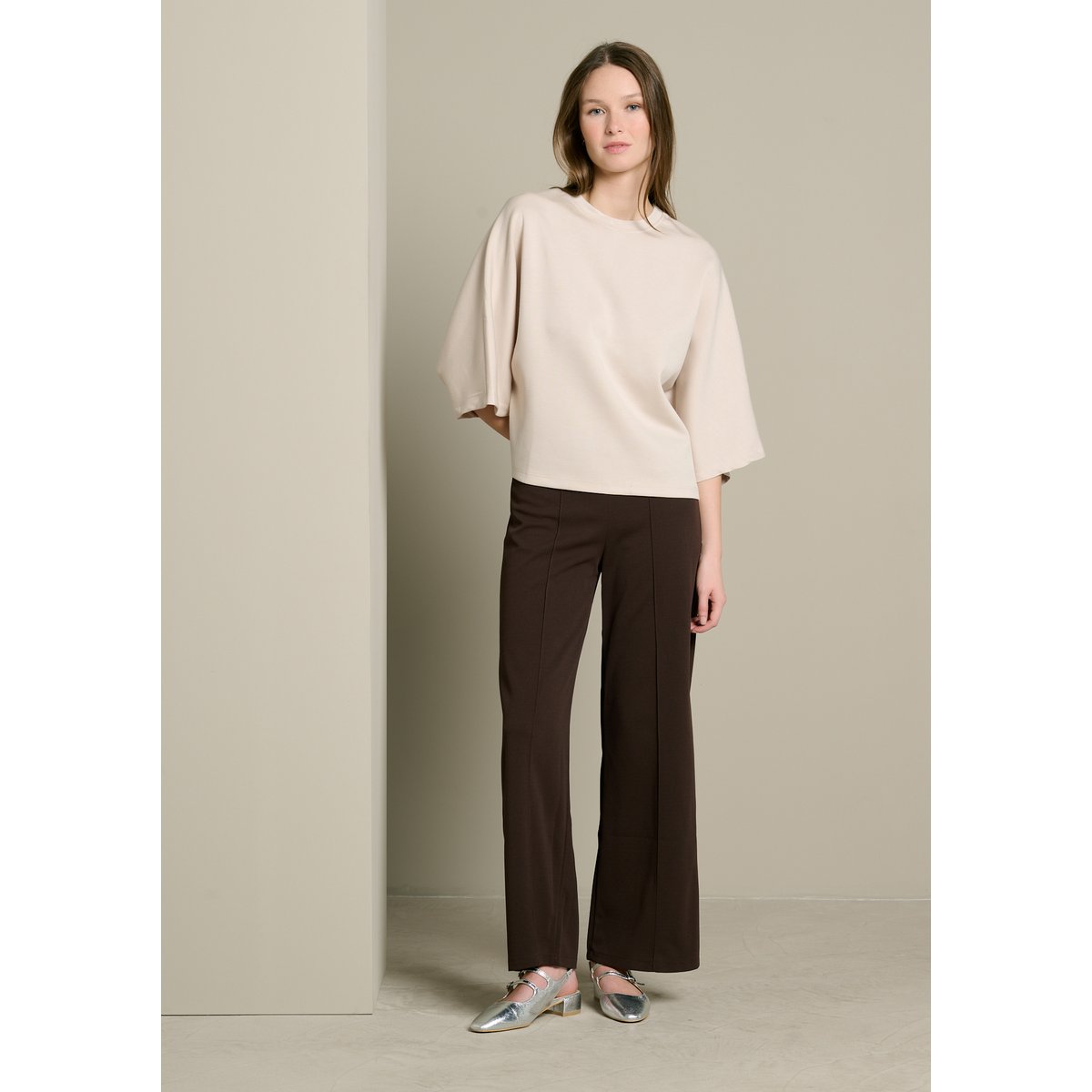 Sweat col rond manches larges beige ash, LOLALIZA