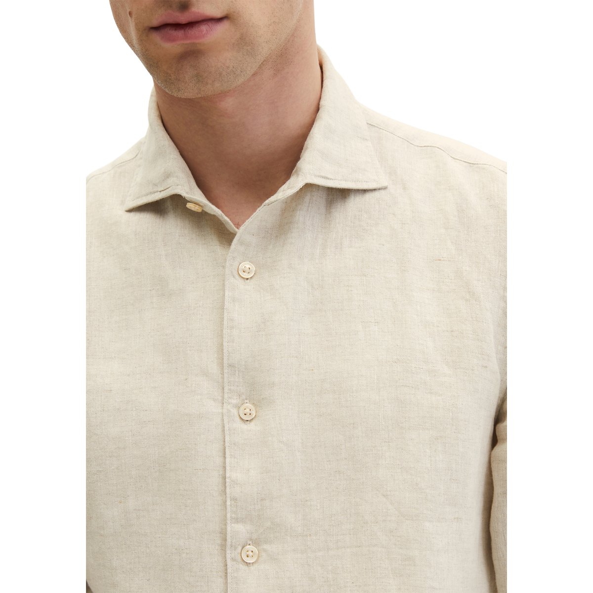 Chemise à col requin shaped en chambray de lin fin beige, MARC O'POLO