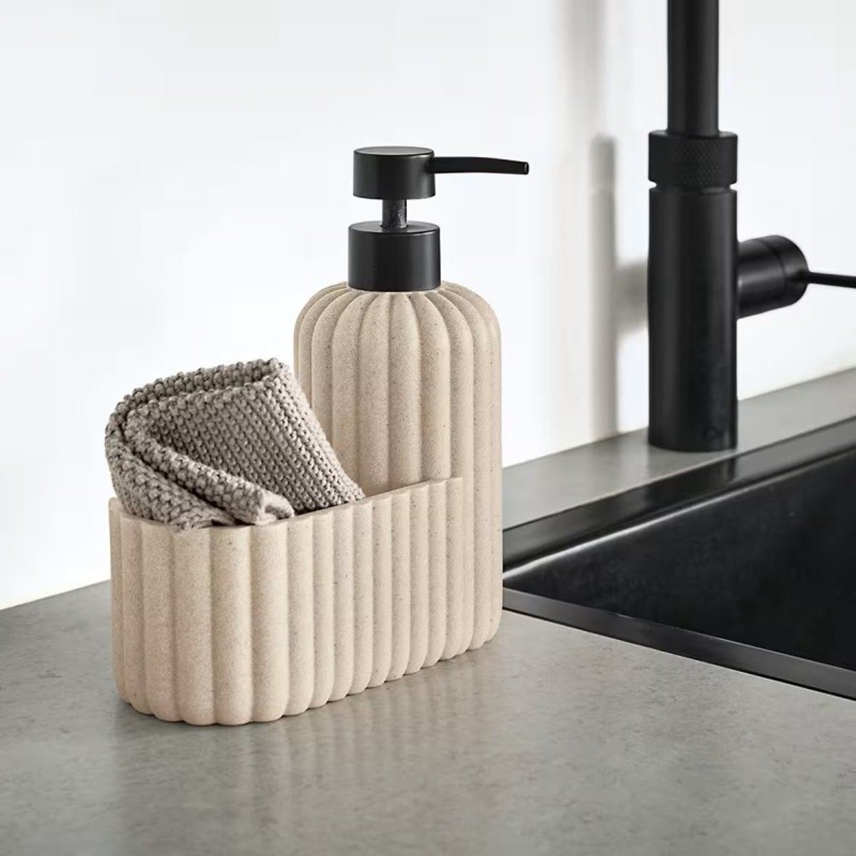 Pompe à savon porte-éponge cuisine beige, ZELLER PRESENT