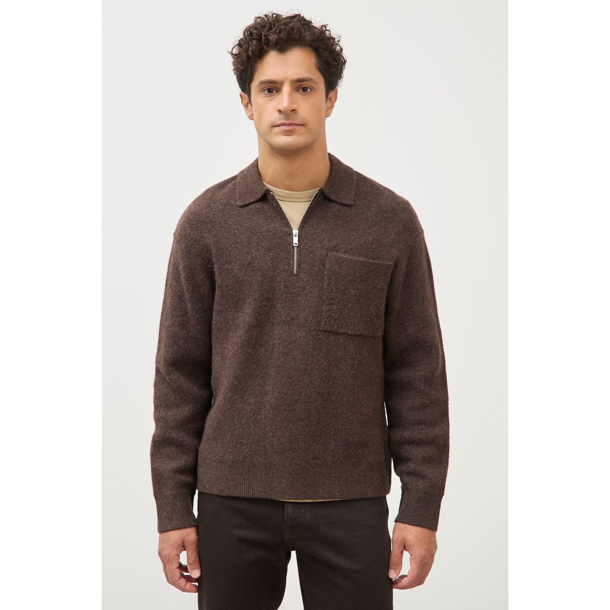 Pull droit manches longues marron foncé, BONOBO