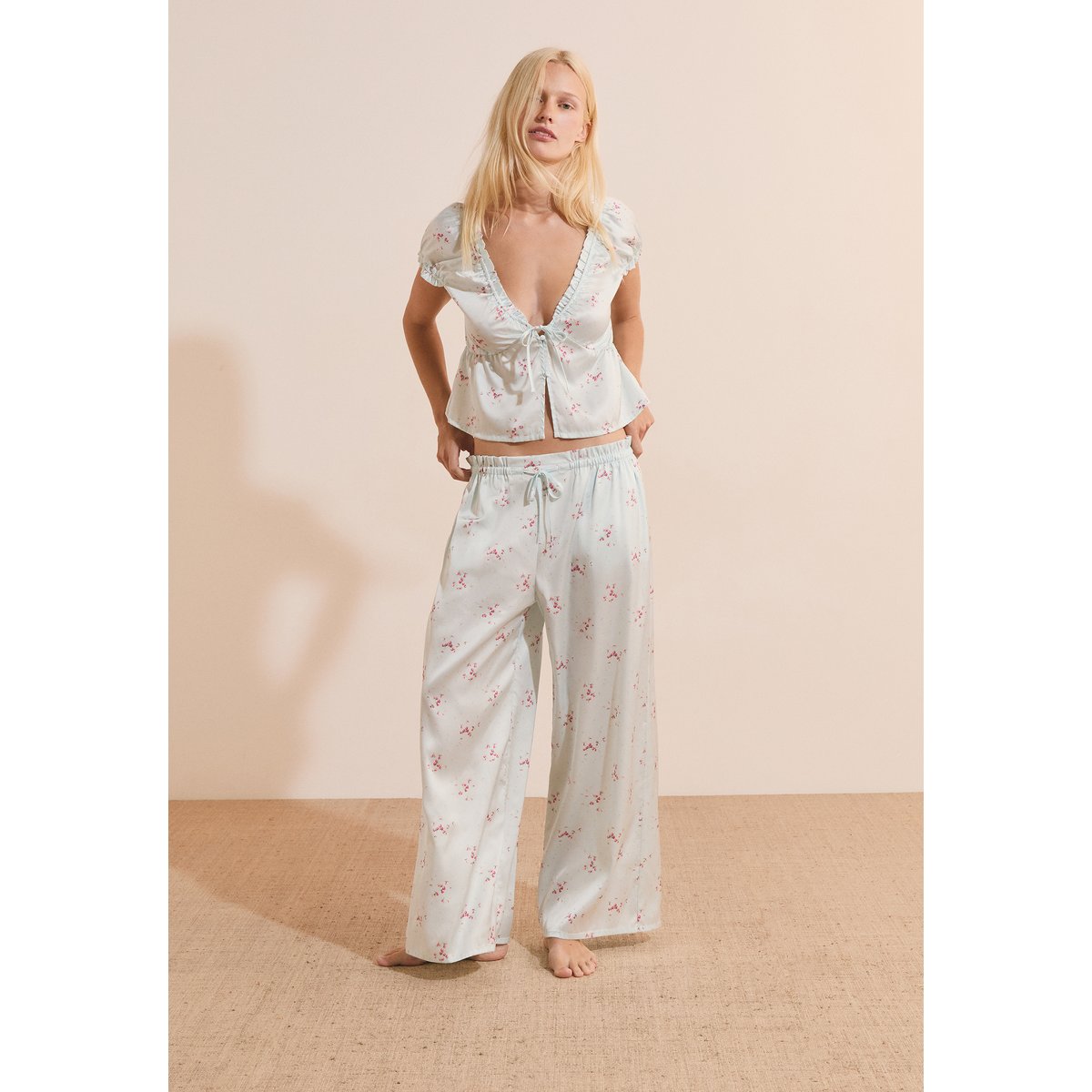 Pantalon 7/8 satiné à motifs FIOCCO imp bleu vert, ETAM