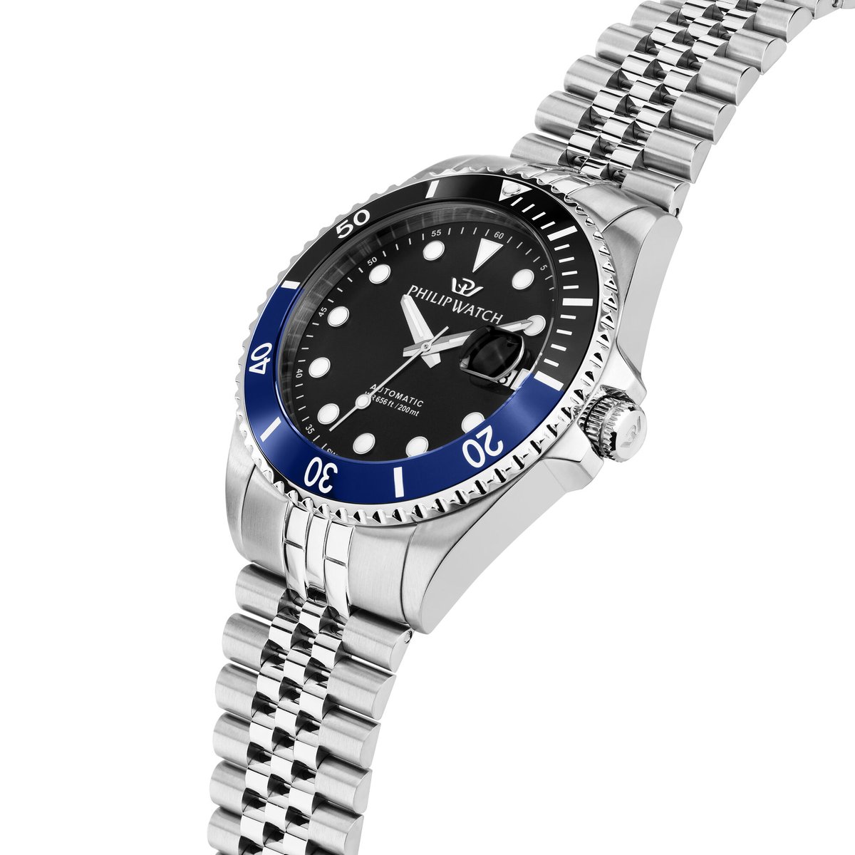 Montre analogique en acier, silicone CARIBE noir, bleu, argent, PHILIP WATCH
