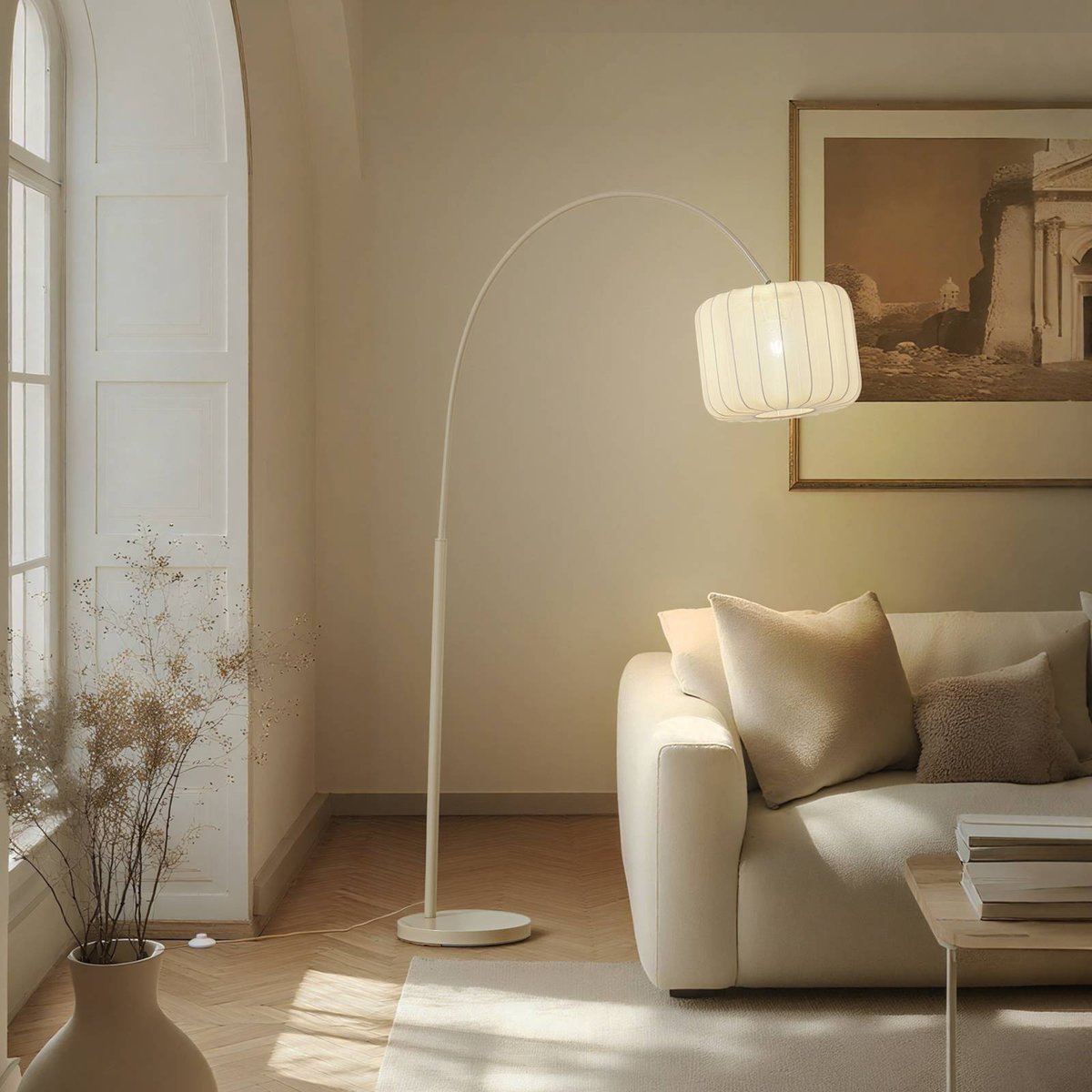 Lampadaire en textile moderne, Helin beige, LINDBY