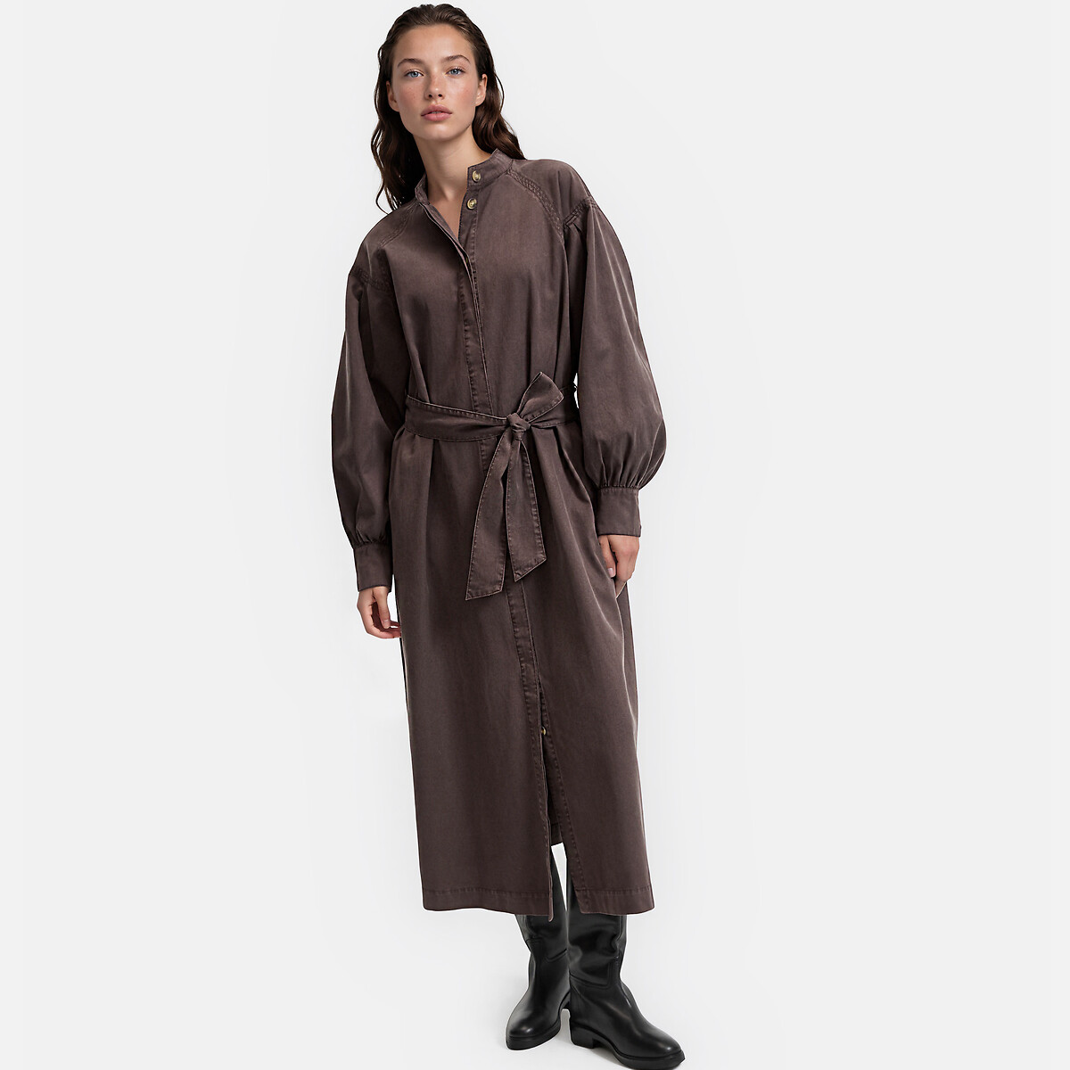 Lyocell/Cotton Puff Sleeve Maxi Dress brown, LA REDOUTE COLLECTIONS