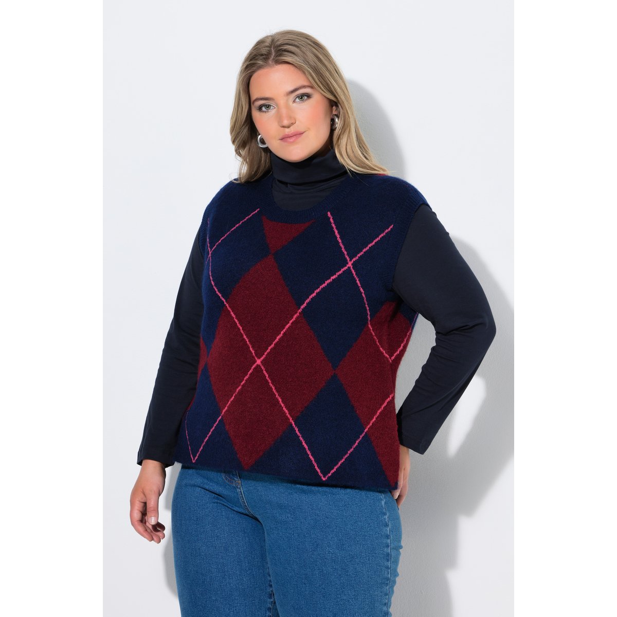 Pull sans manches, motif losange et col rond bleu encre, ULLA POPKEN