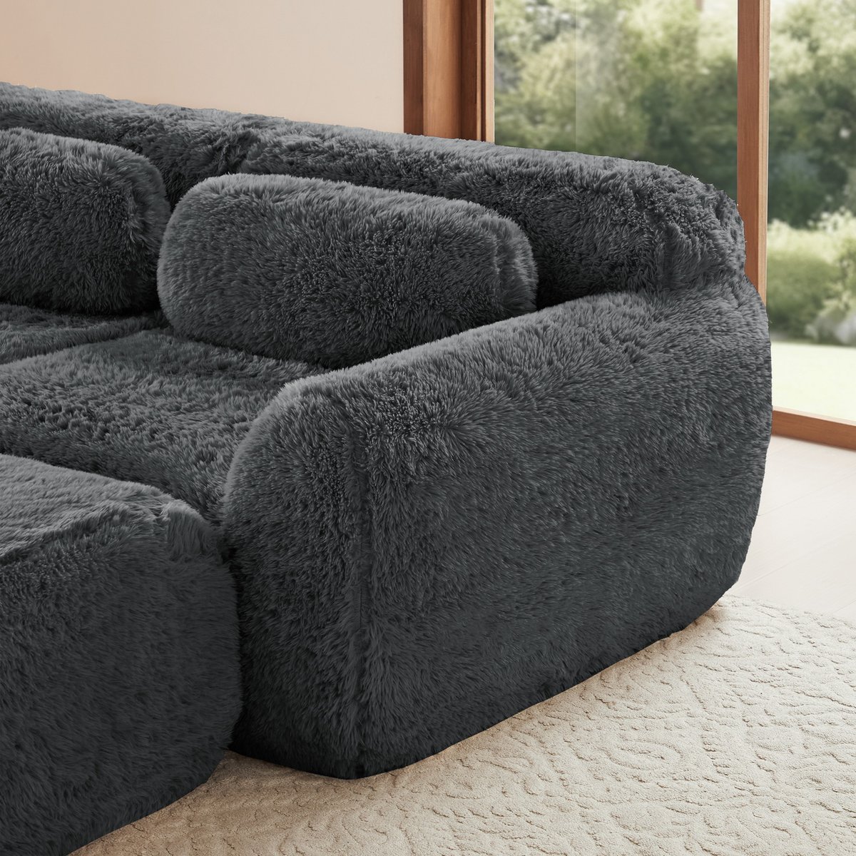 Canapé d'angle réversible 4 places avec 2 poufs, WIND gris charbon, MEUBLES COSY