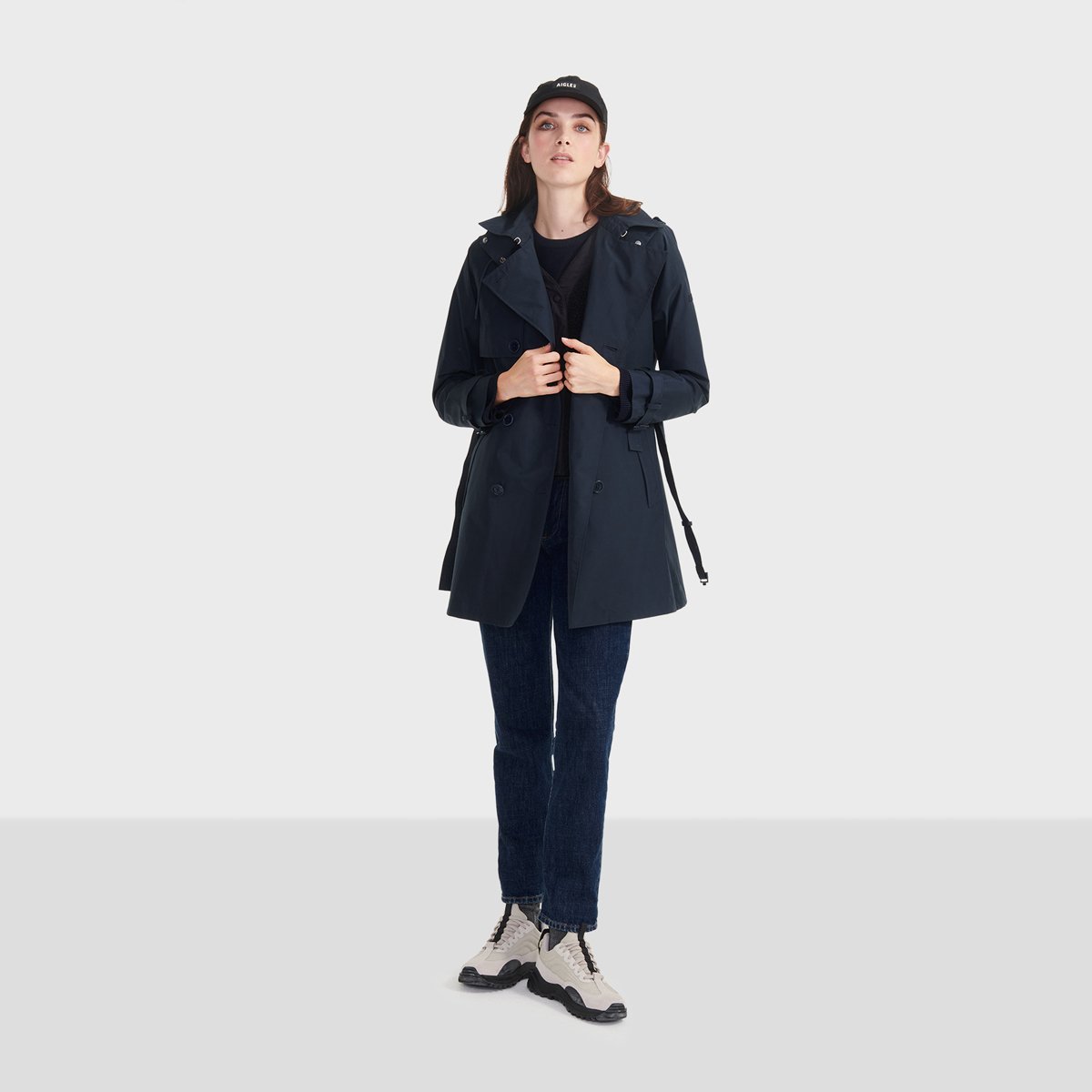 Trench-coat imperméable avec capuche amovible bleu marine, AIGLE