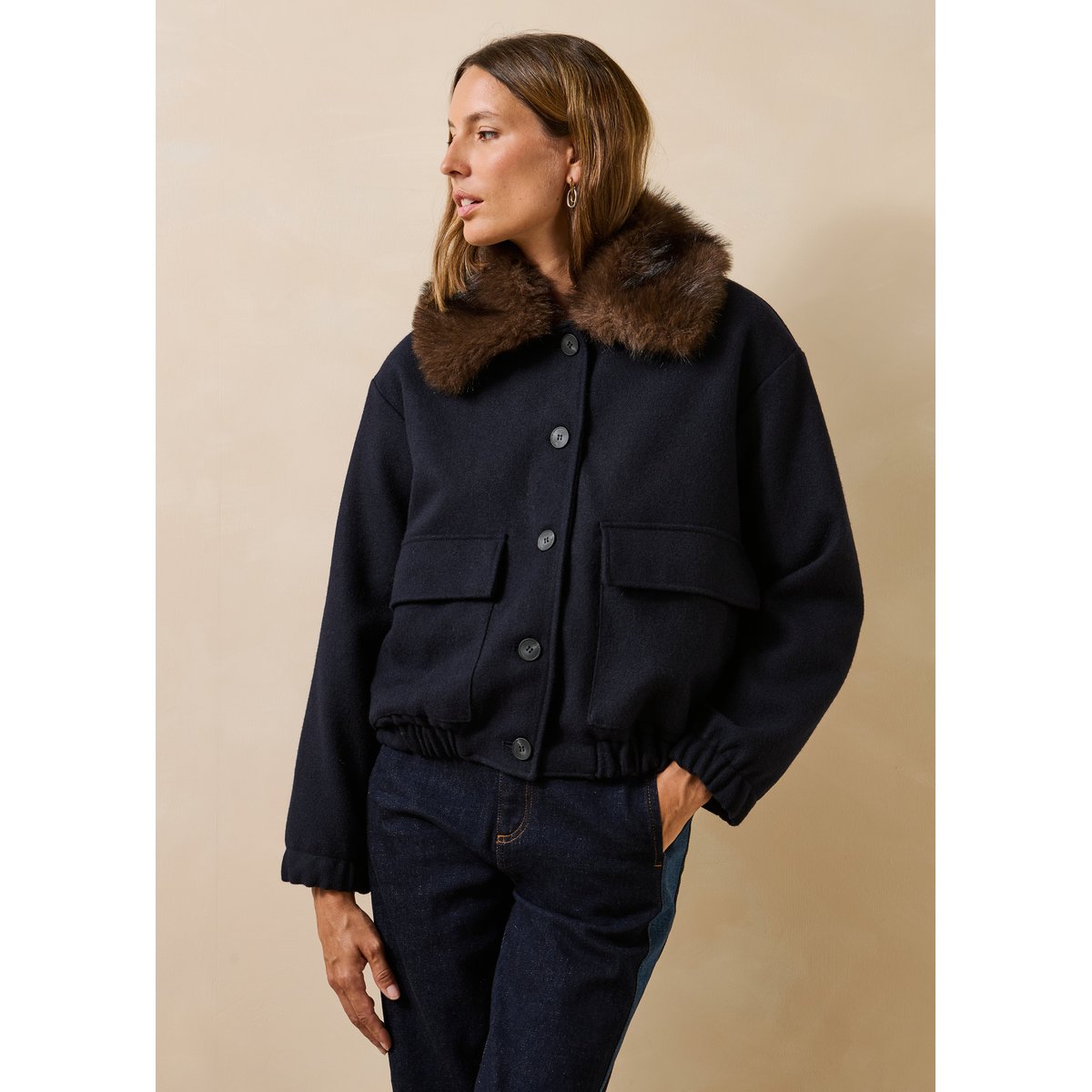 Blouson bomber en lainage col imitation fourrure marine, LA FEE MARABOUTEE