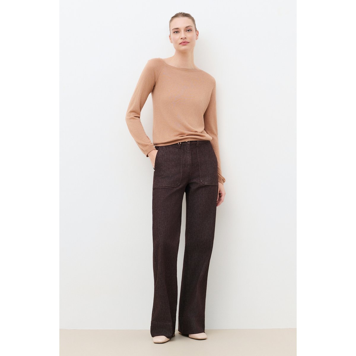 Pull droit col asymétrique MYLENE camel, CAROLL