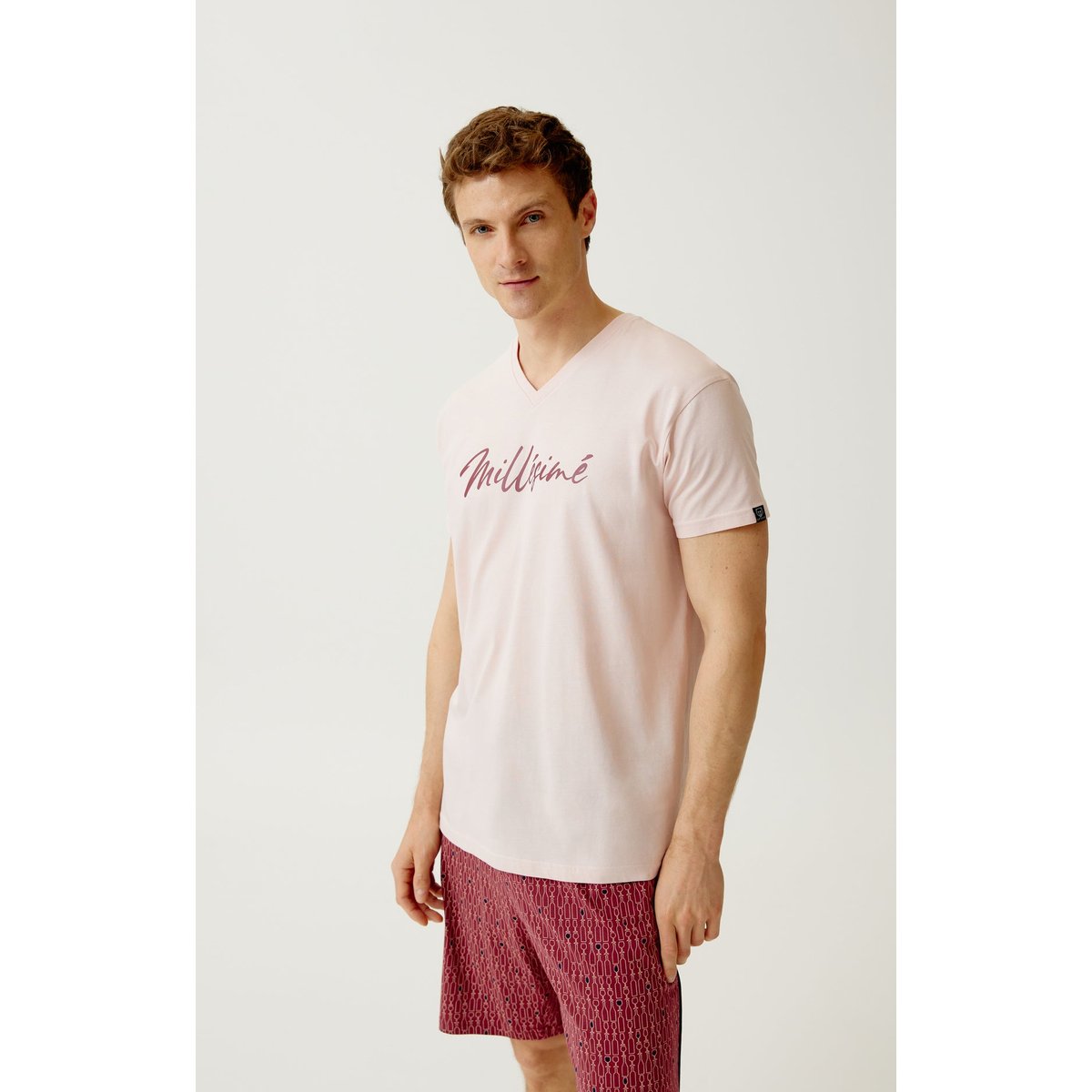 Pyjashort en jersey de coton léger imprimé Millésimé bordeaux, ARTHUR