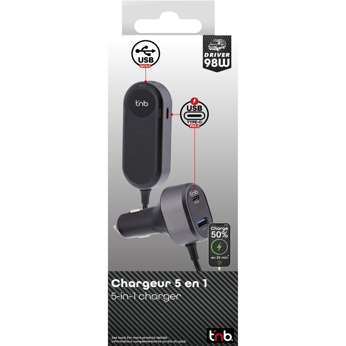 Chargeur allume cigare 98W 2xUSB A et 3xUSB-C noir couleur unique, TNB